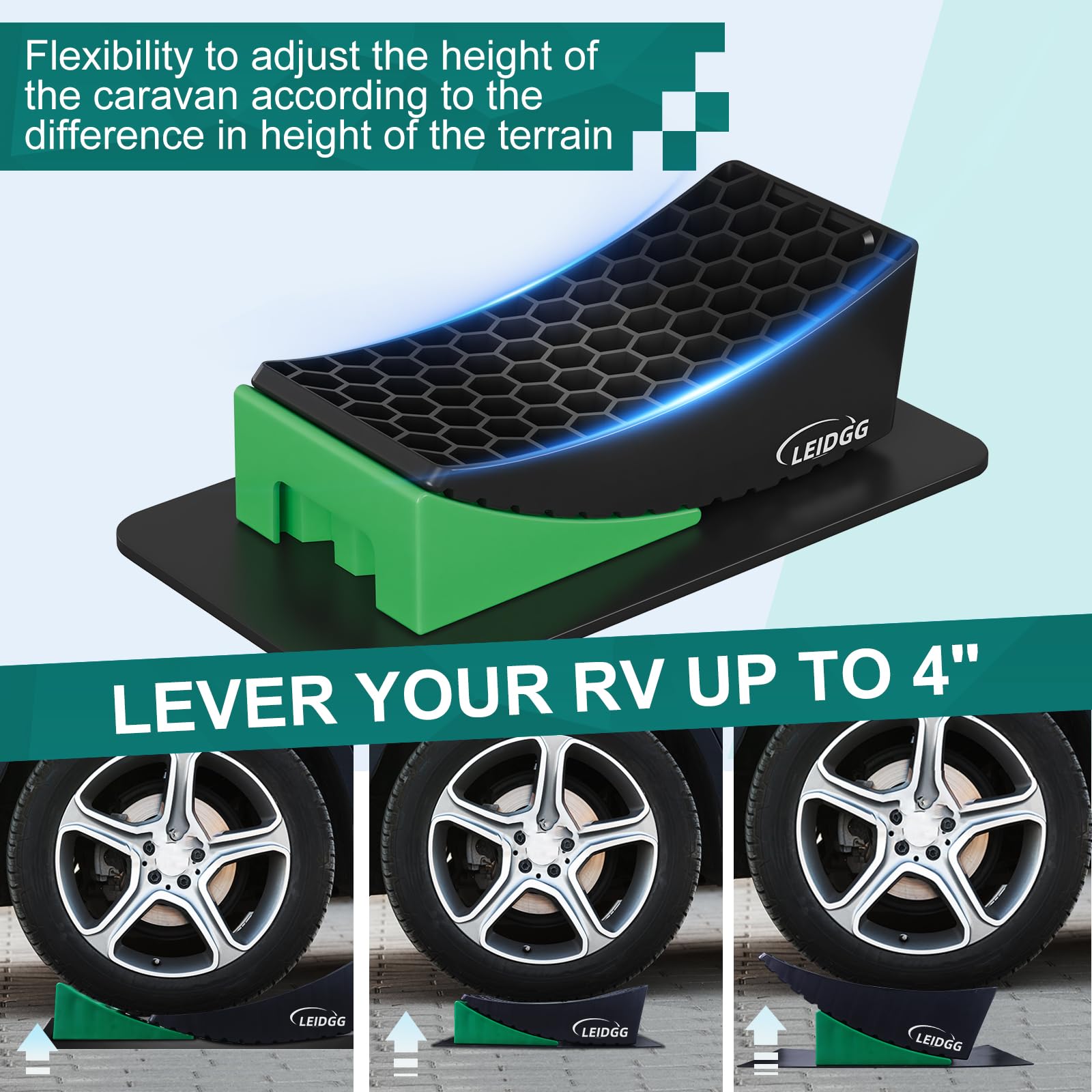 Curved levelers from LEIDGG provide stable support on uneven ground.