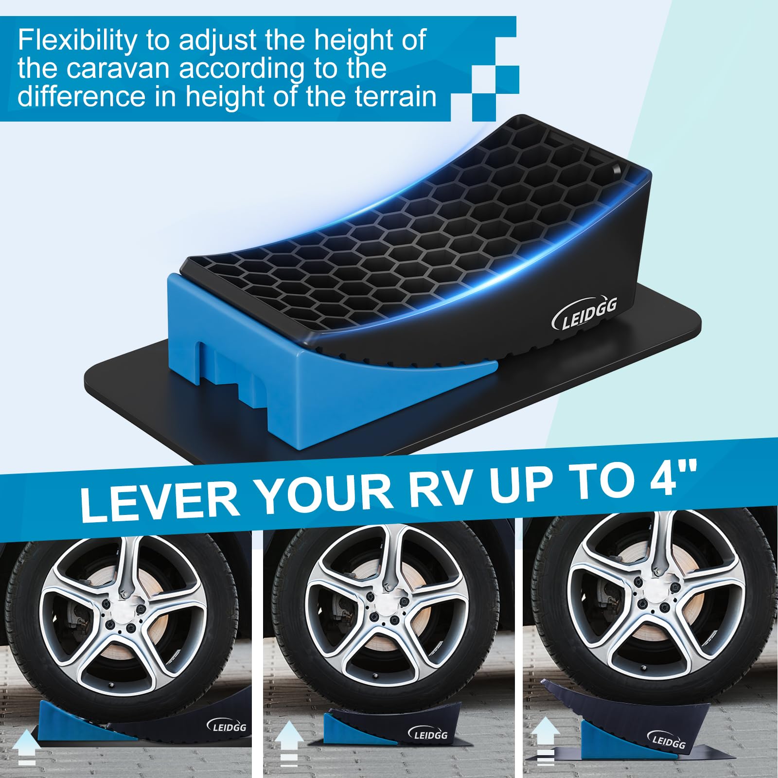 LEIDGG curved levelers enable quick RV positioning on varied surfaces