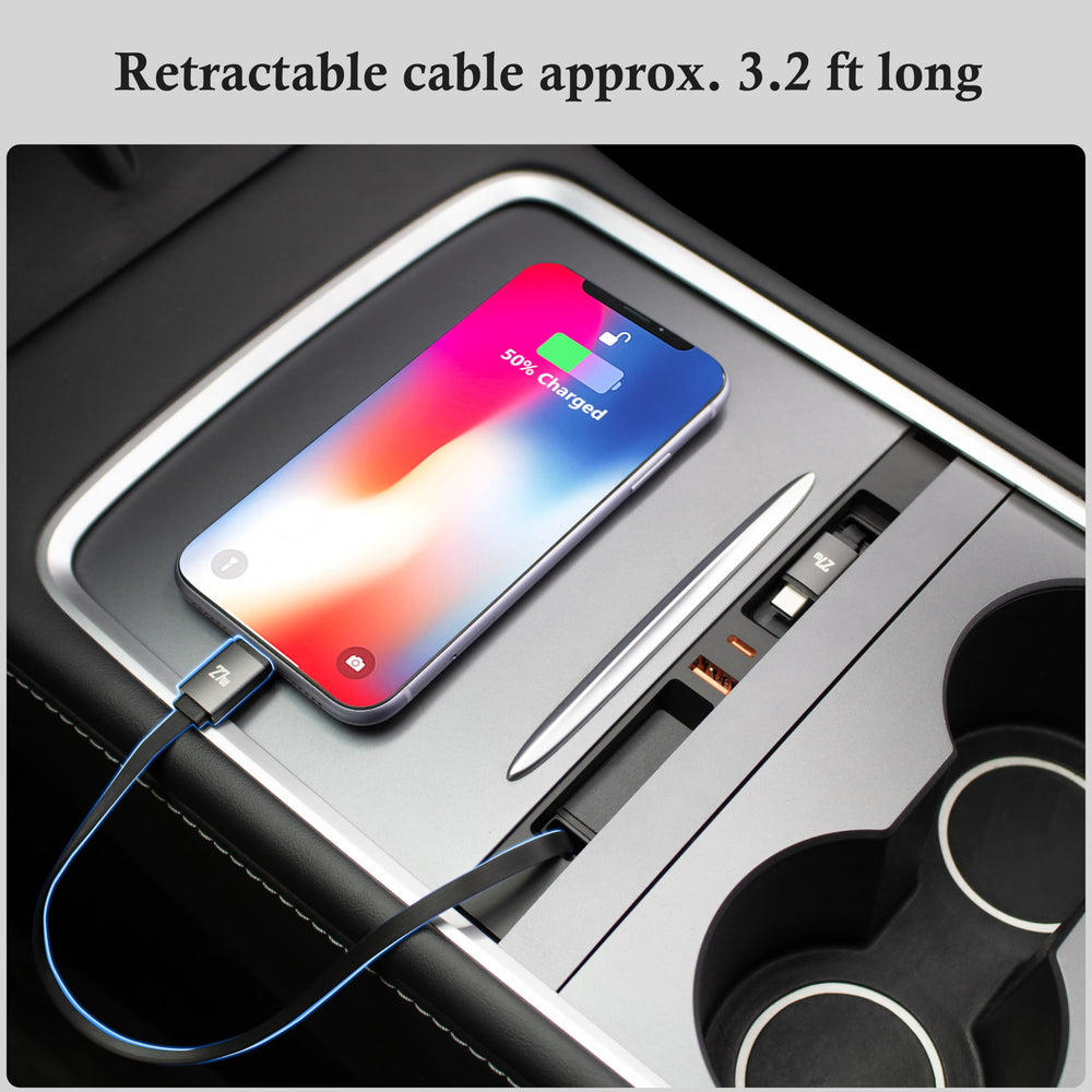 Compact center-console dock showing integrated charging station within reach.