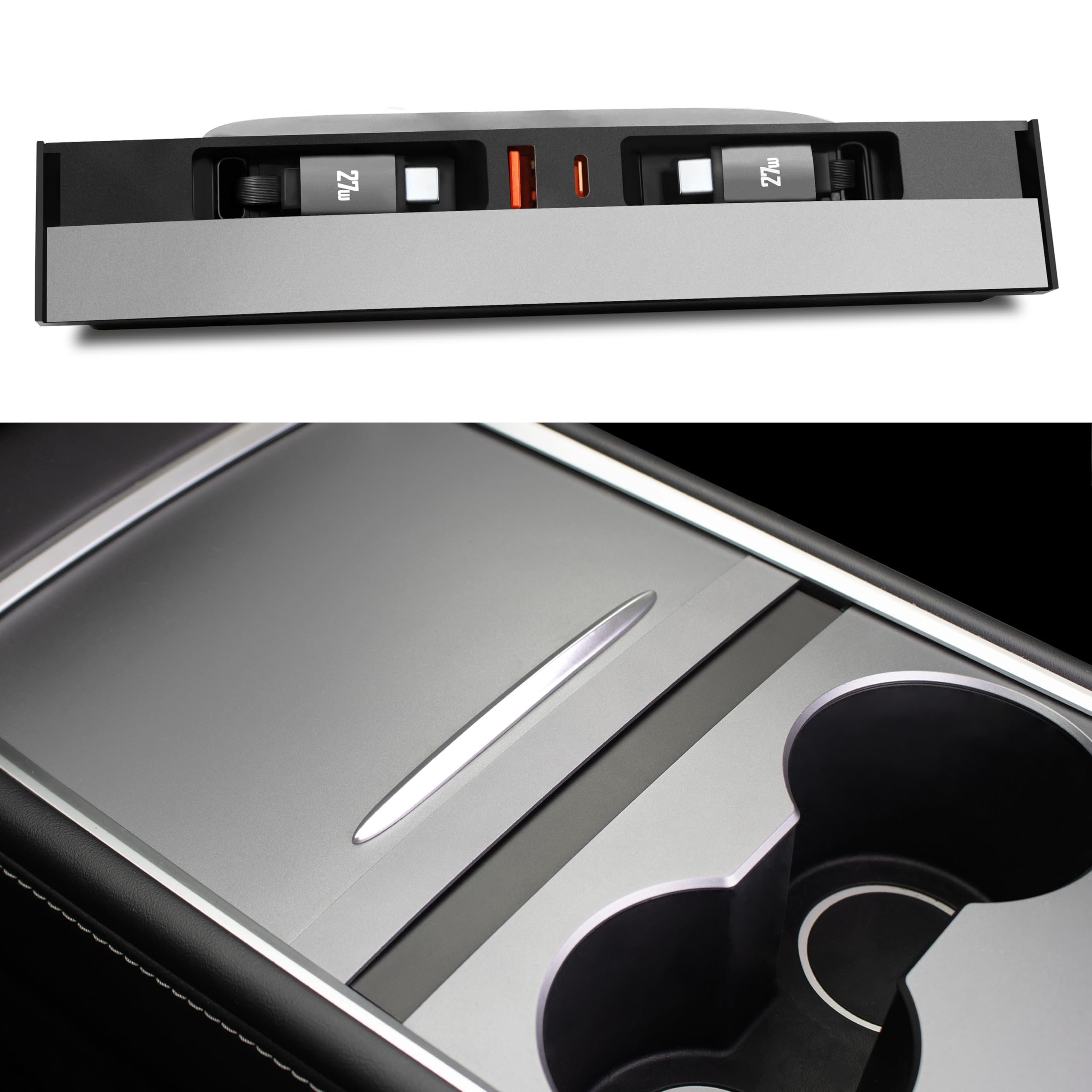 Leikaendi USB hub installed in a Tesla center console for tidy charging.