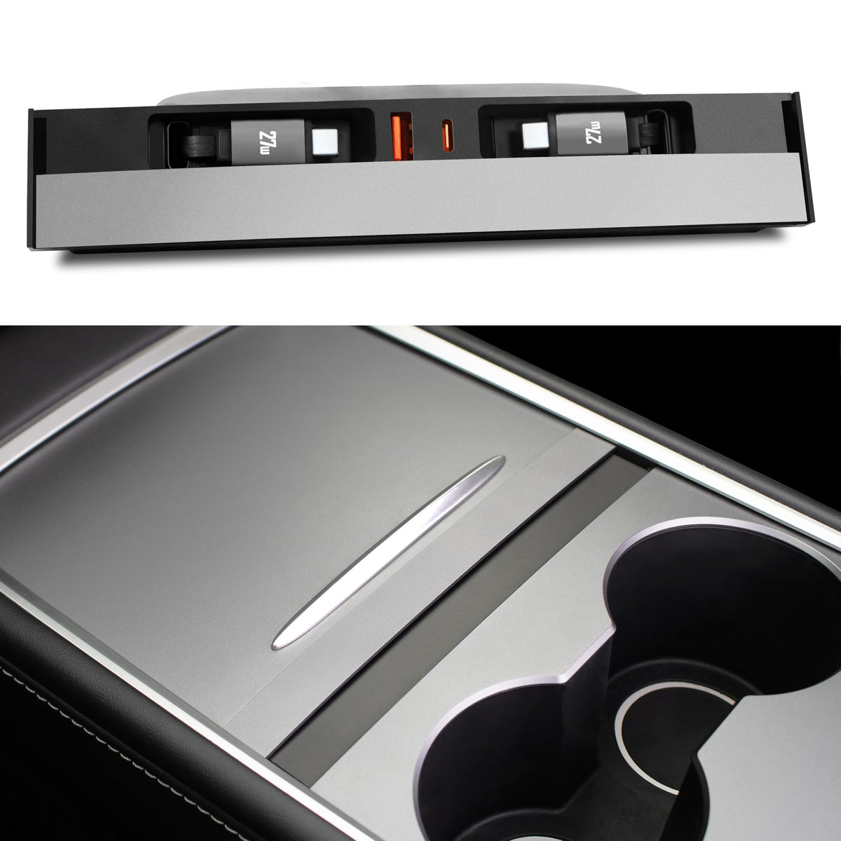 Leikaendi USB hub installed in a Tesla center console for tidy charging.