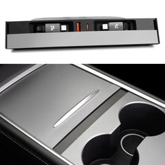Leikaendi USB hub installed in a Tesla center console for tidy charging.