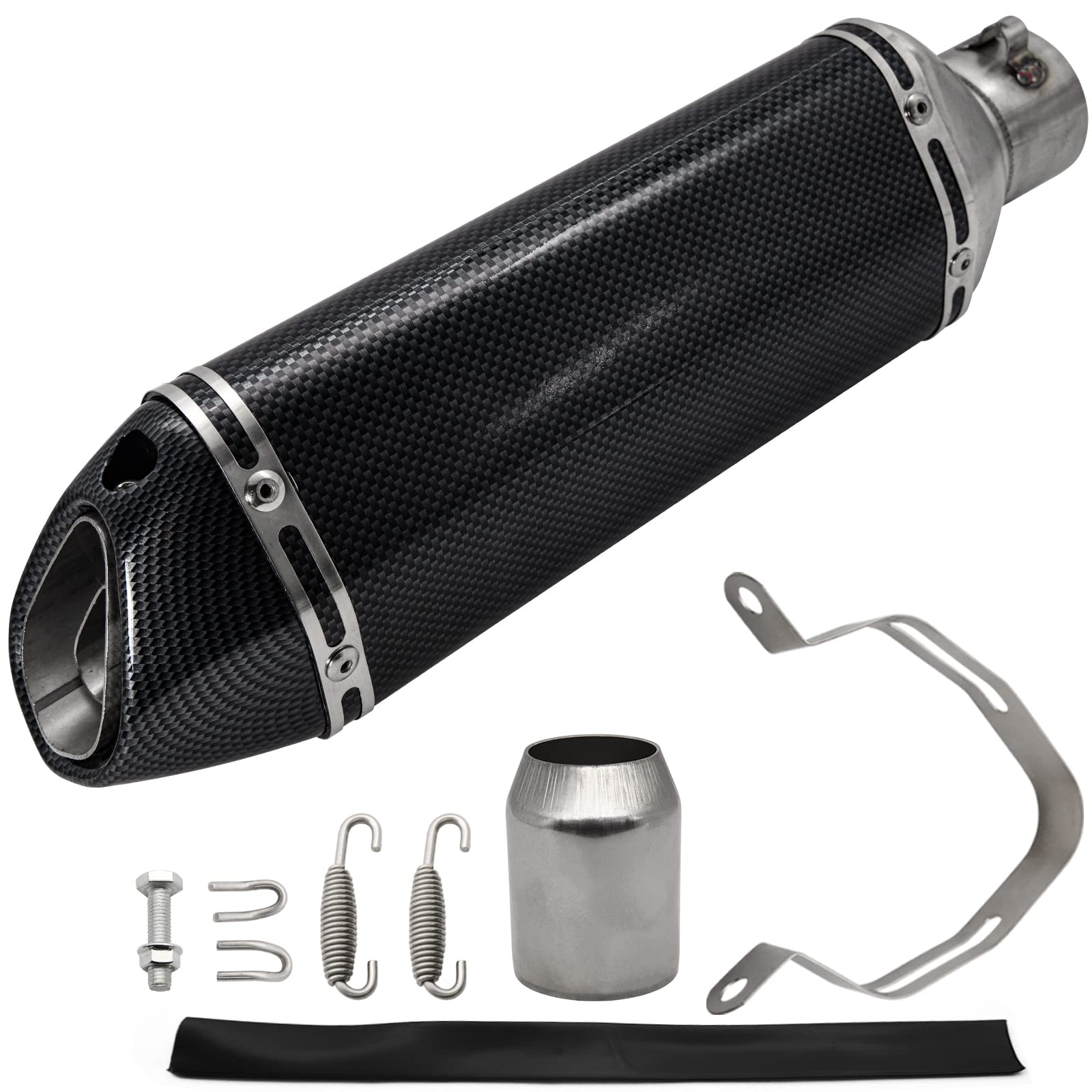 LEIMO KPARTS slip-on muffler features a carbon fiber finish for universal 38-51mm fit.