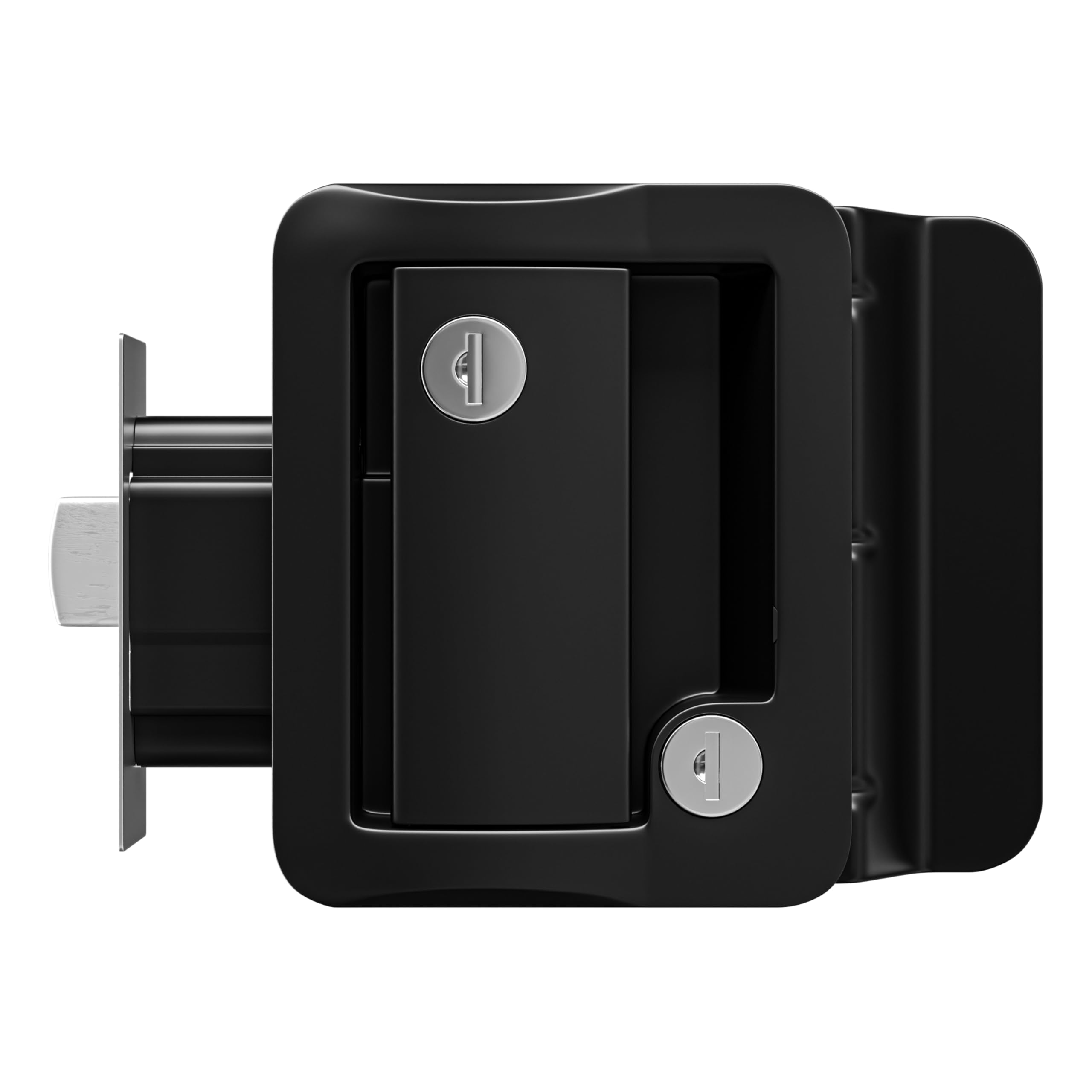 Side view showing compact fit of Leisure Locks Paddle Deadbolt on trailer
