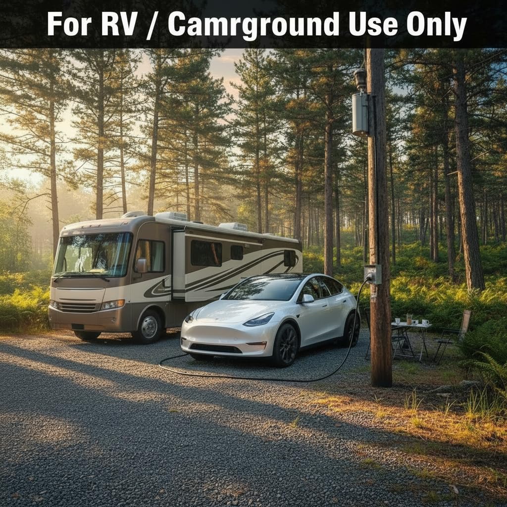 TT-30 adapter in camping setup powering a Tesla at 240V during a road trip