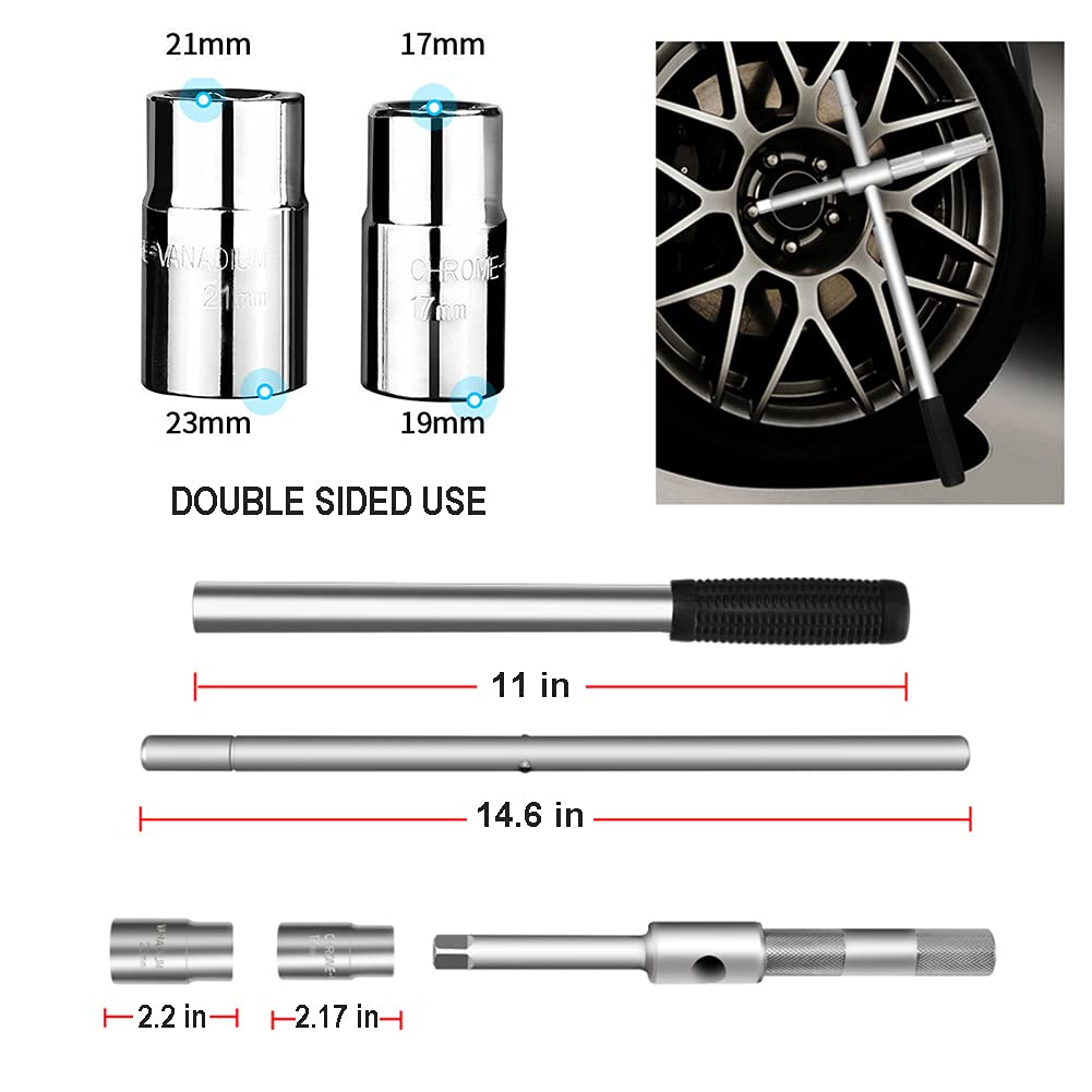 LEJOSTOL four-way cross wrench with sockets 17mm, 19mm, 21mm, and 23mm.