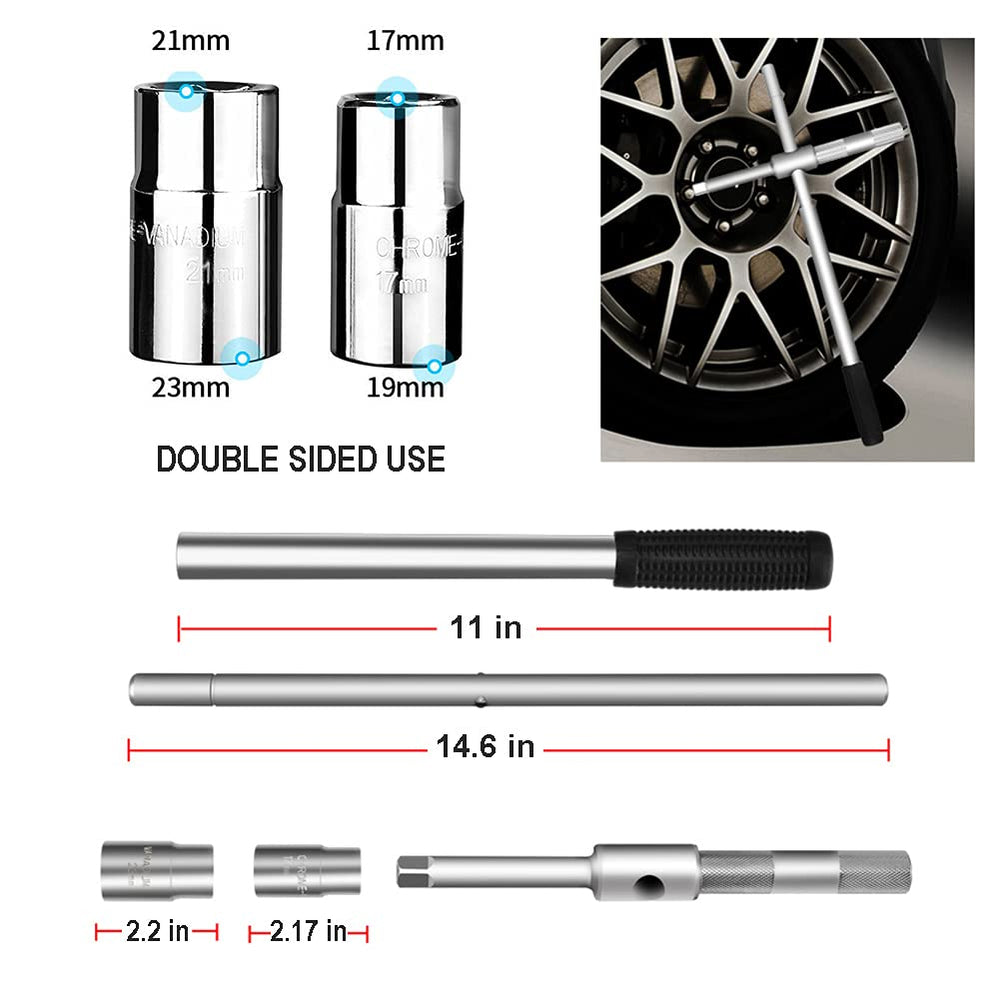 LEJOSTOL four-way cross wrench with sockets 17mm, 19mm, 21mm, and 23mm.