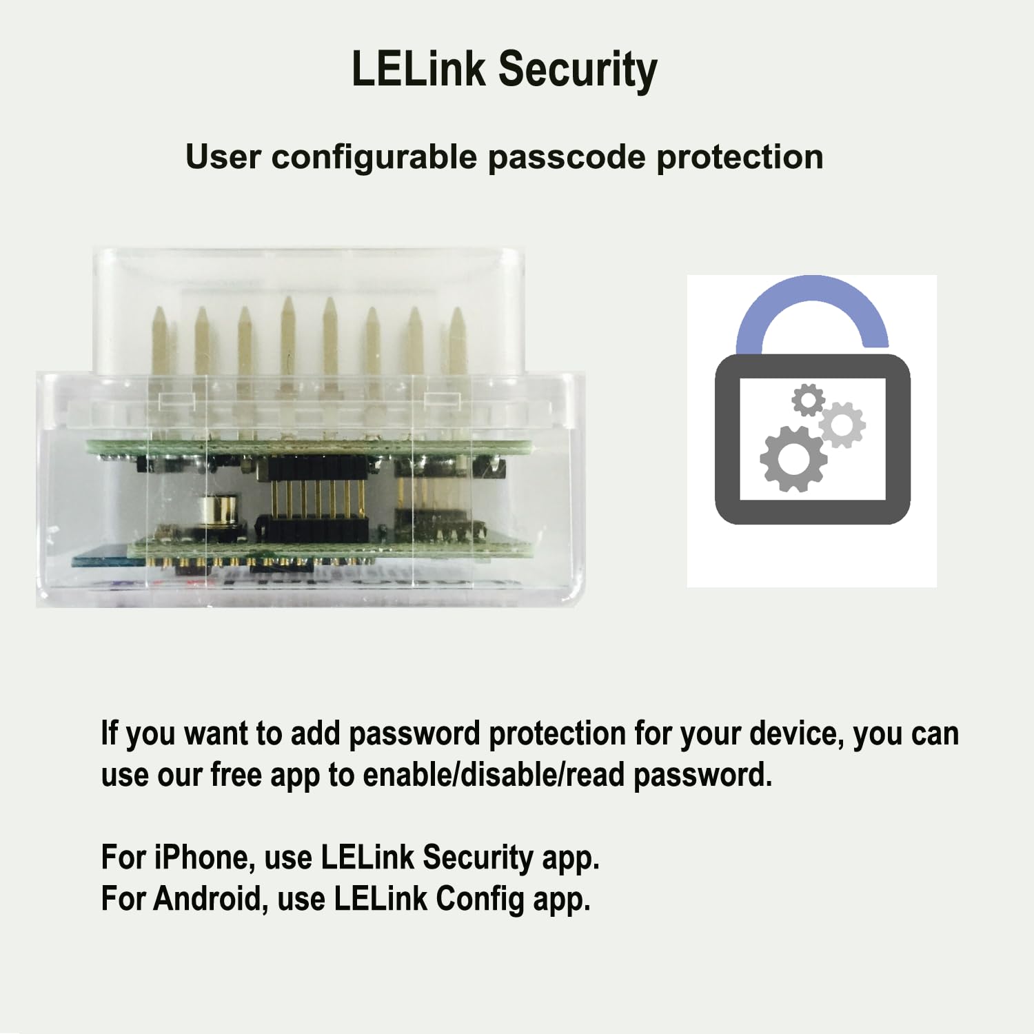 LELink passcode protection adds device security during diagnostics.