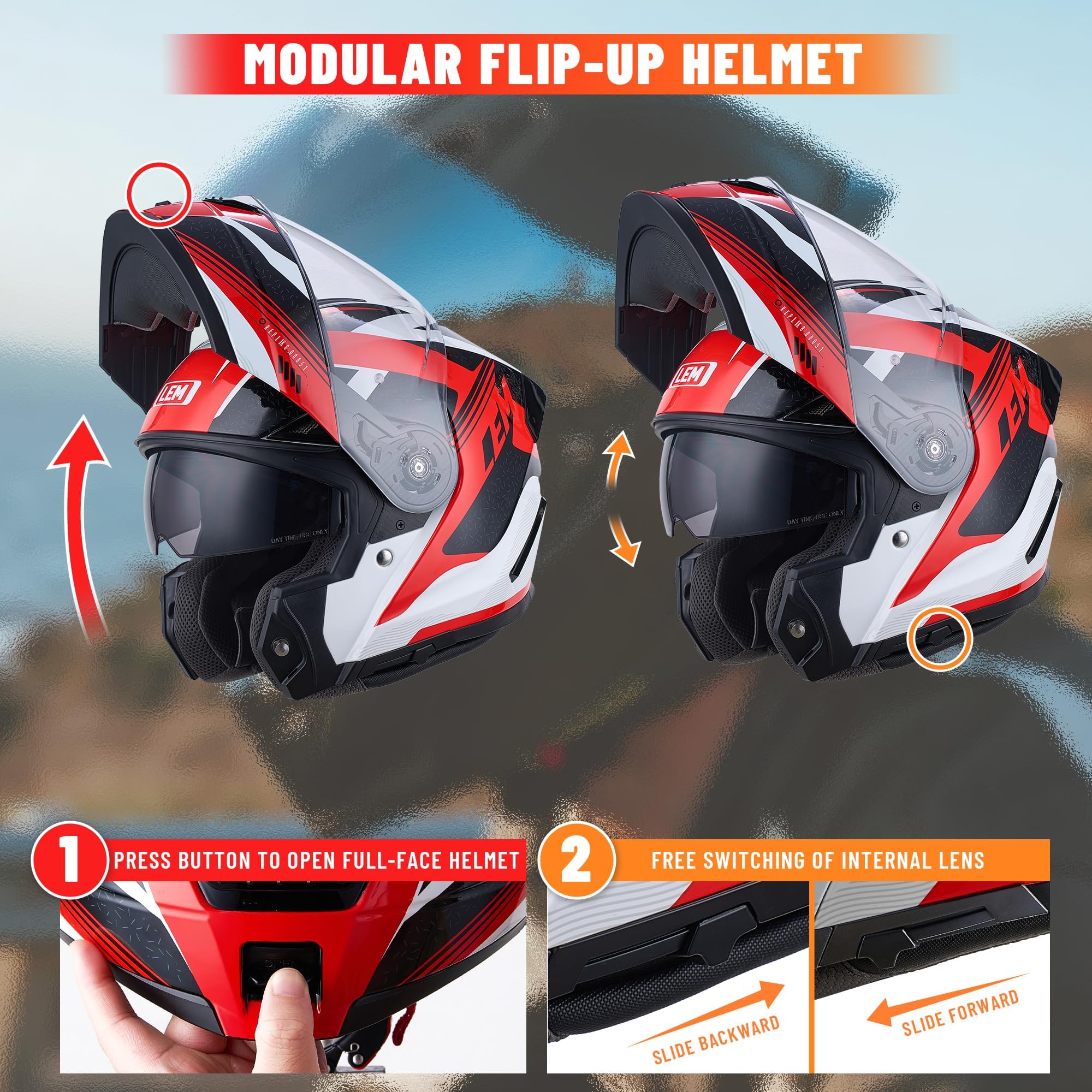 LEM Modular helmet chin-bar flip-up demonstrates easy access during stops.