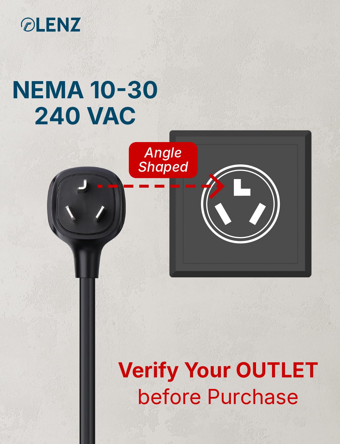 LENZ NEMA-10-30 adapter fits a 240 V outlet for older installations with 24 A capability.