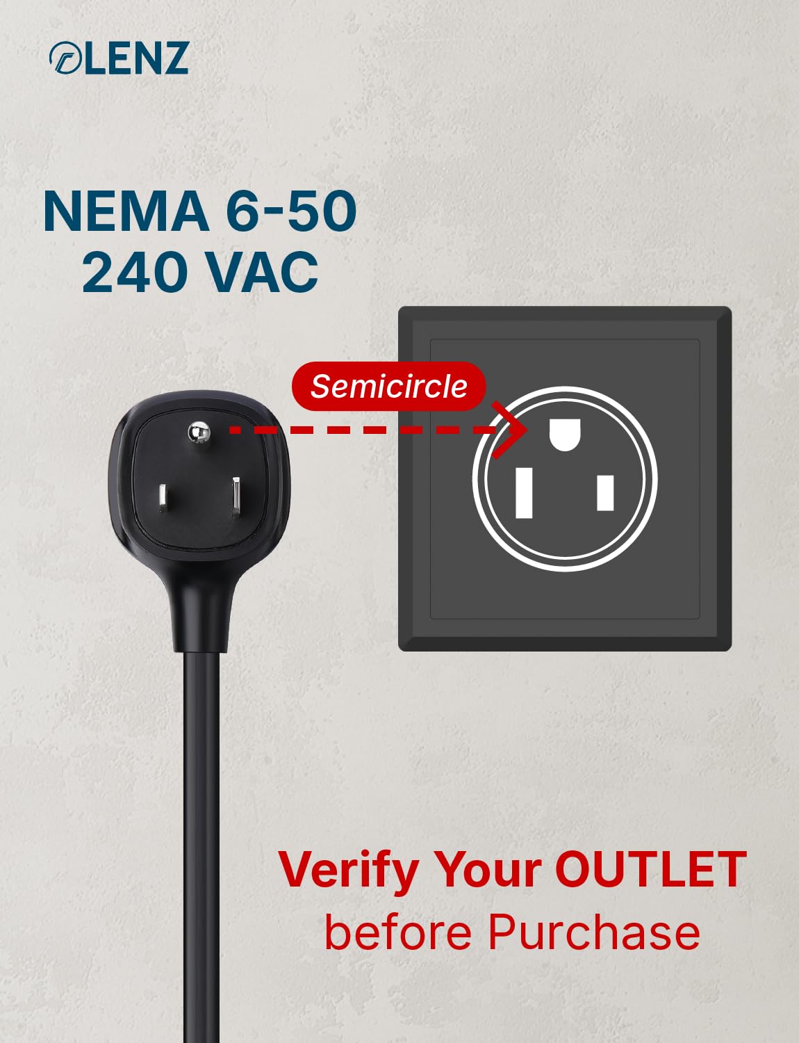 LENZ NEMA 6-50 adapter plugged into a 240V outlet for high-power charging.