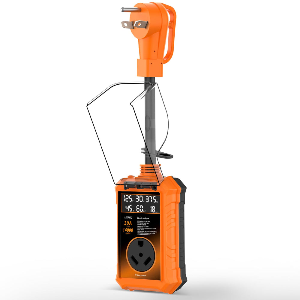 LEORISO RV surge protector 30A front view showing rugged outdoor design for safety