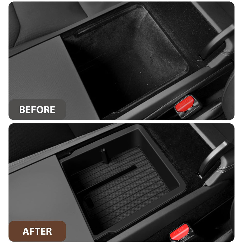 LEQEE Tesla Model 3 Highland armrest storage helps separate personal items.