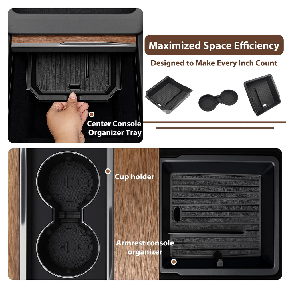 LEQEE Tesla Model 3 Highland sliding tray organizes cups and gadgets neatly.