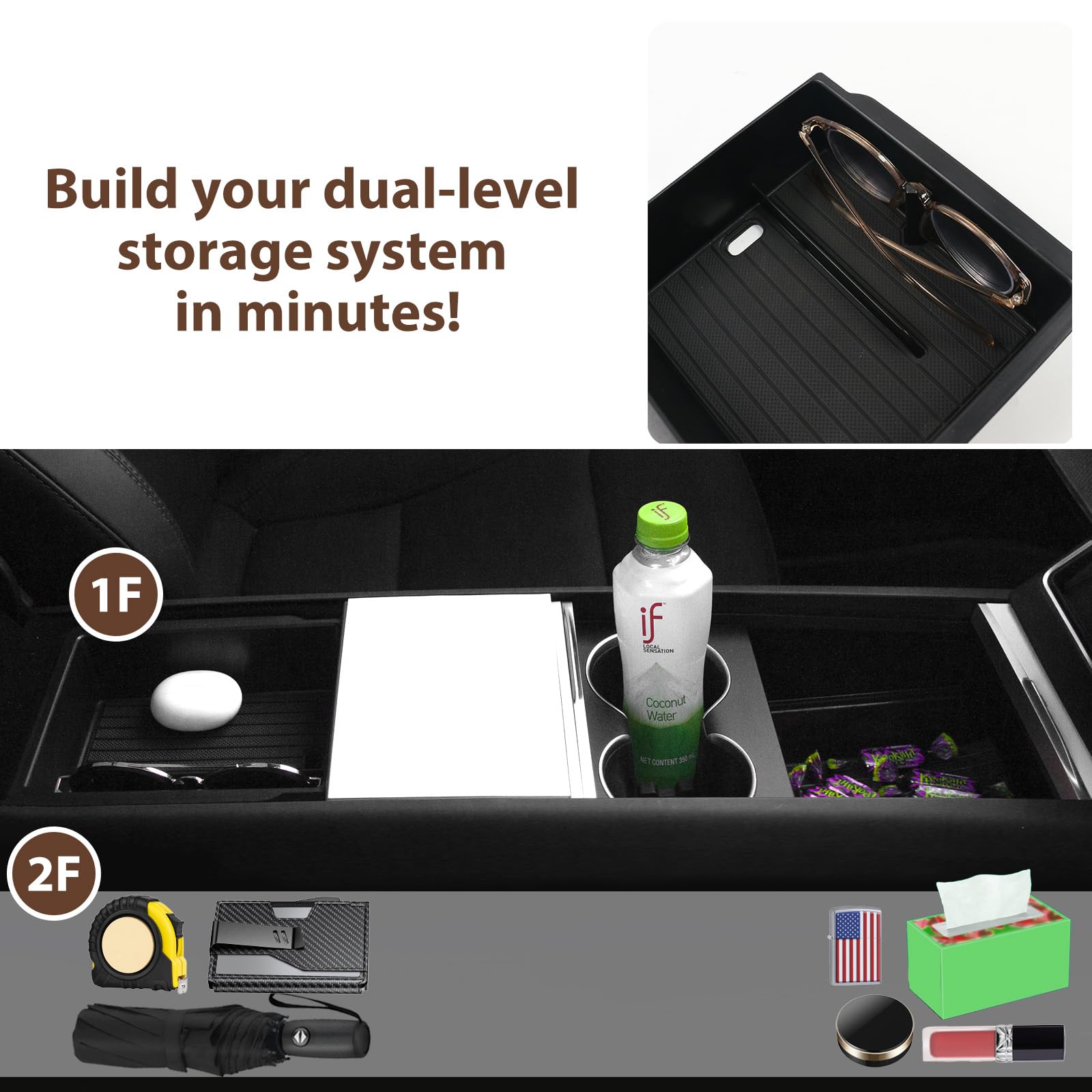LEQEE Model Y Juniper anti-slip mat keeps items stable on the center console.
