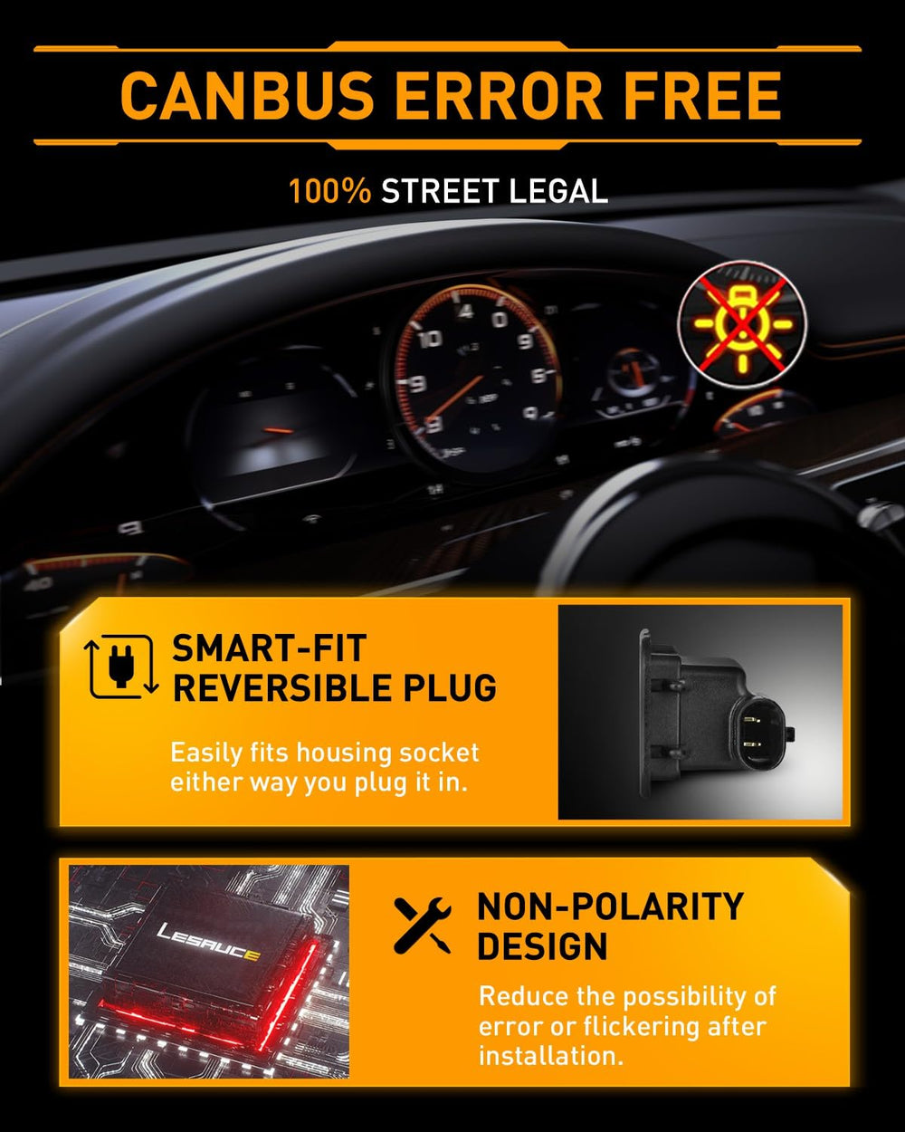 LESAUCE CANBUS-ready bulb prevents dashboard errors and interference in compatible cars.
