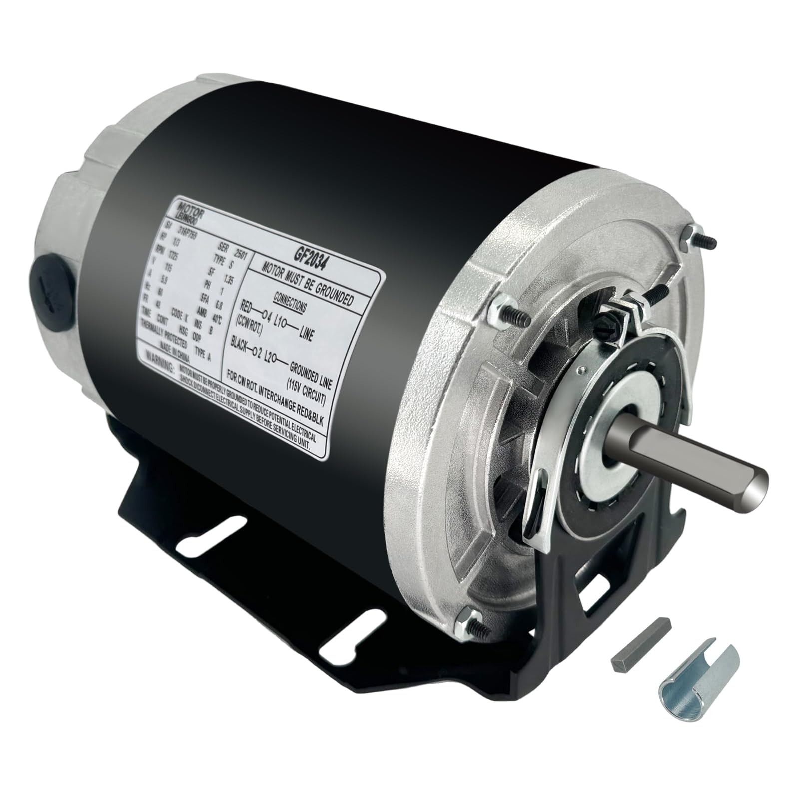 LEUNGOO GF2034 blower motor front view with capacitor included for quick replacement.
