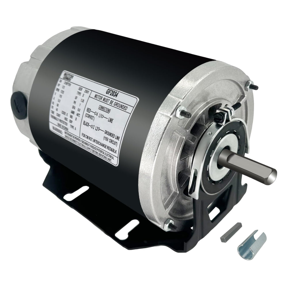 LEUNGOO GF2034 blower motor front view with capacitor included for quick replacement.