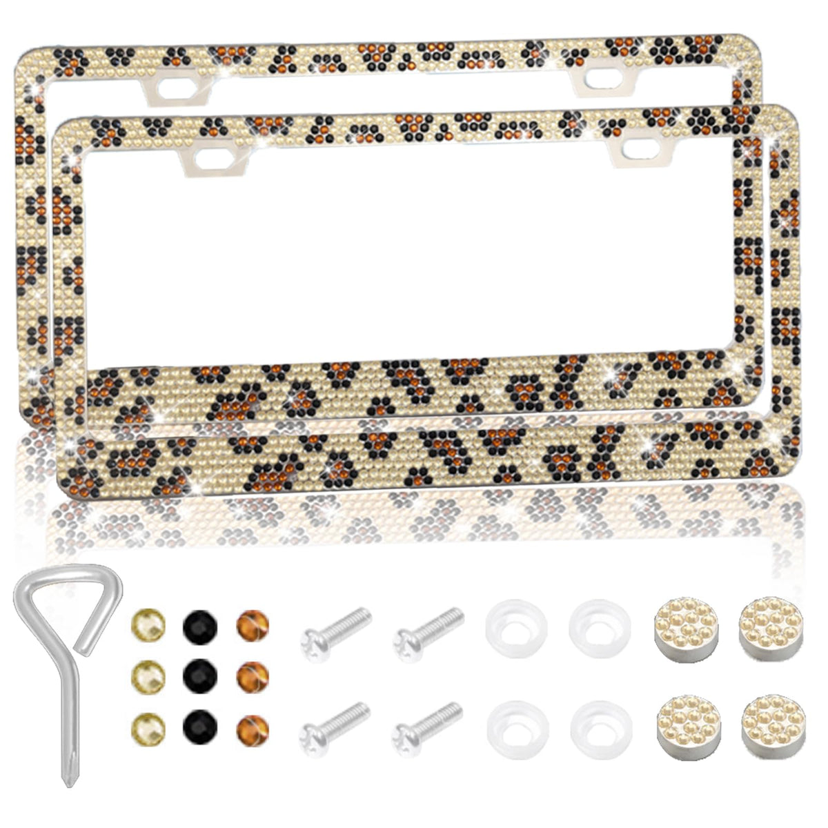 LevChall bling license frame with leopard glitter caps enhances curb appeal