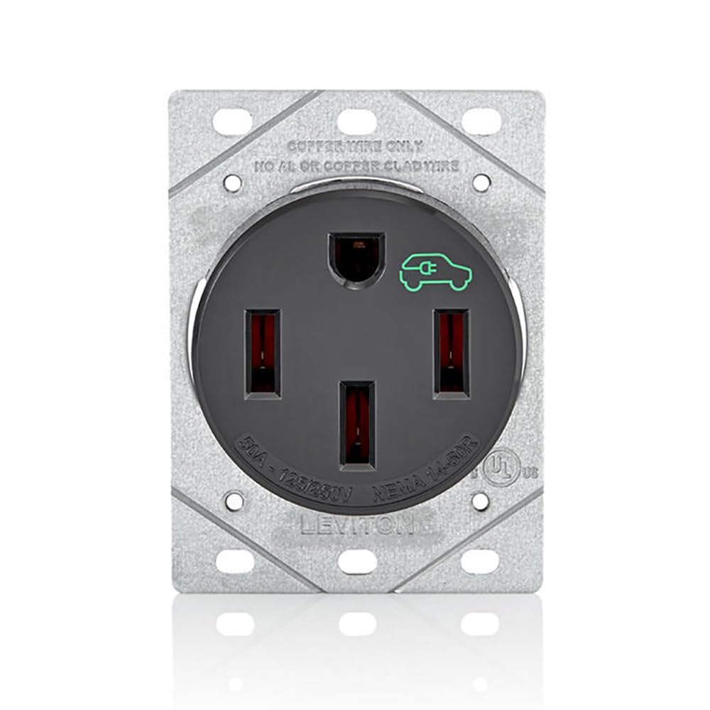 Leviton 14-50R EV charging receptacle close-up, built for heavy-duty plug-in charging.