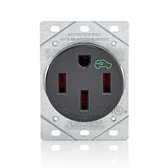 Leviton 14-50R EV charging receptacle close-up, built for heavy-duty plug-in charging.