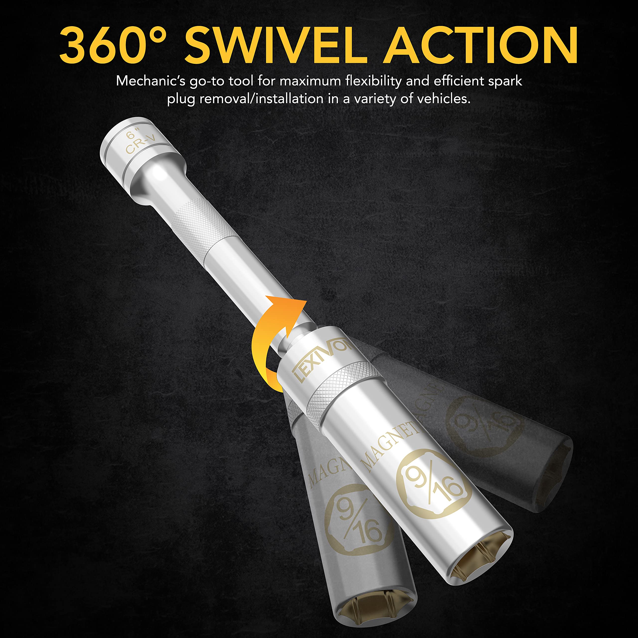 LEXIVON spark plug swivel socket magnetic core securely holds plugs during installation.