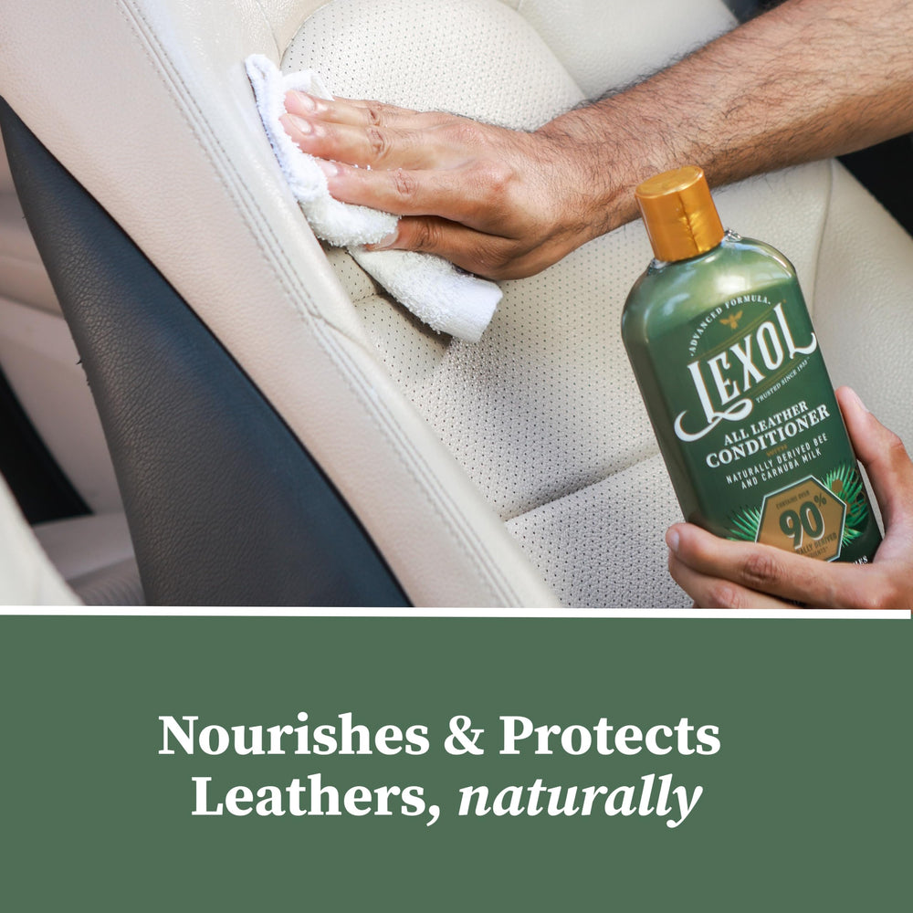 Lexol All Leather Conditioner label closeup highlights natural ingredients and silicone-free care.