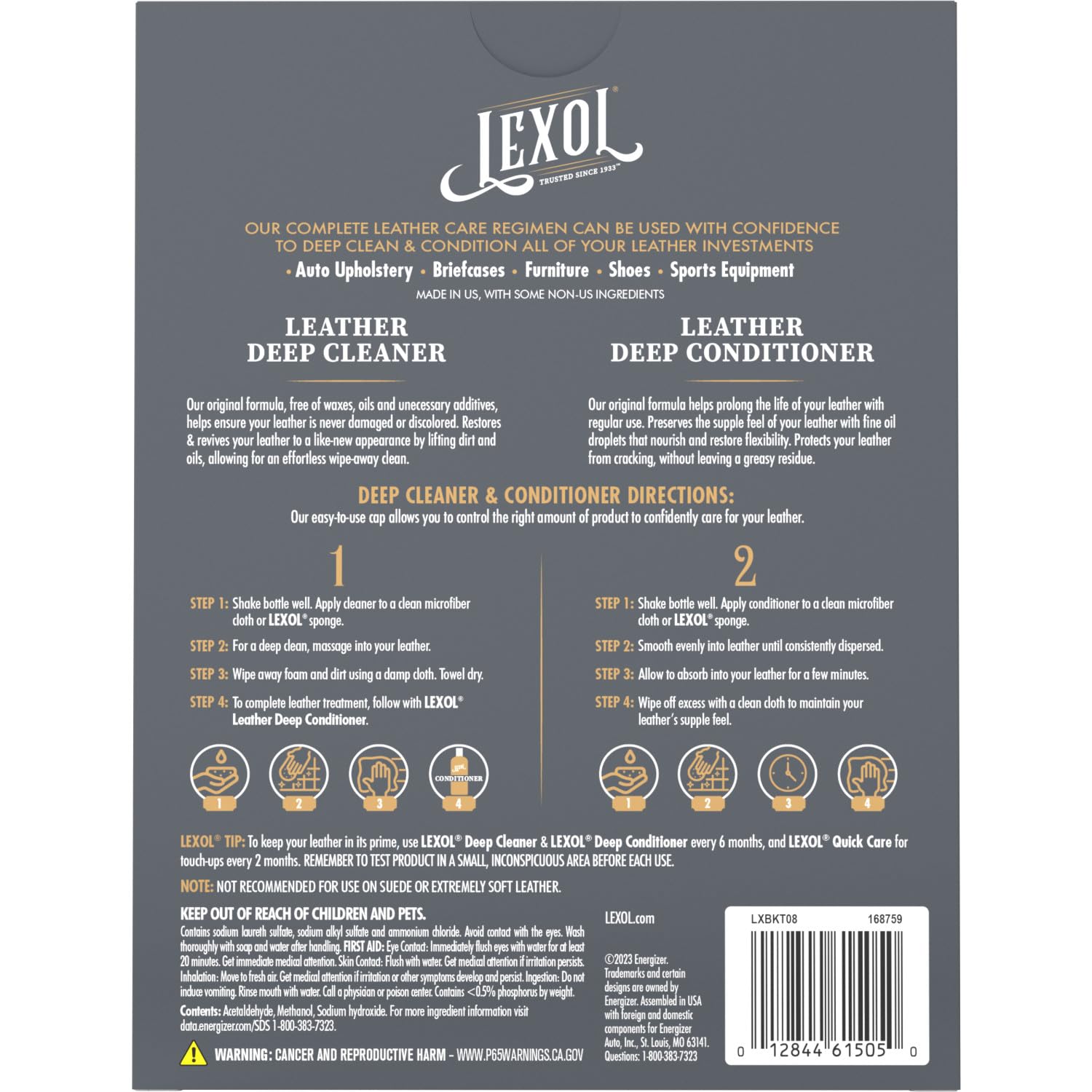 Lexol kit protects car interiors and furniture with non-greasy finish.