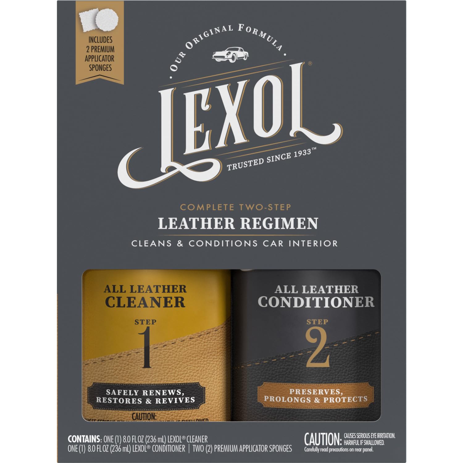Lexol Leather Care Regimen Kit front view showing all contents, ready for cleaning and conditioning.