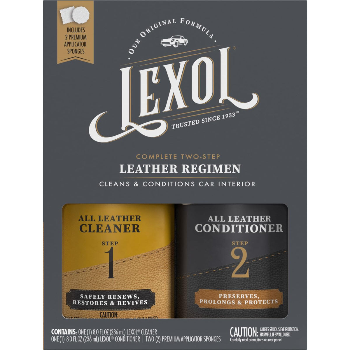 Lexol Leather Care Regimen Kit front view showing all contents, ready for cleaning and conditioning.
