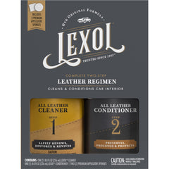 Lexol Leather Care Regimen Kit front view showing all contents, ready for cleaning and conditioning.