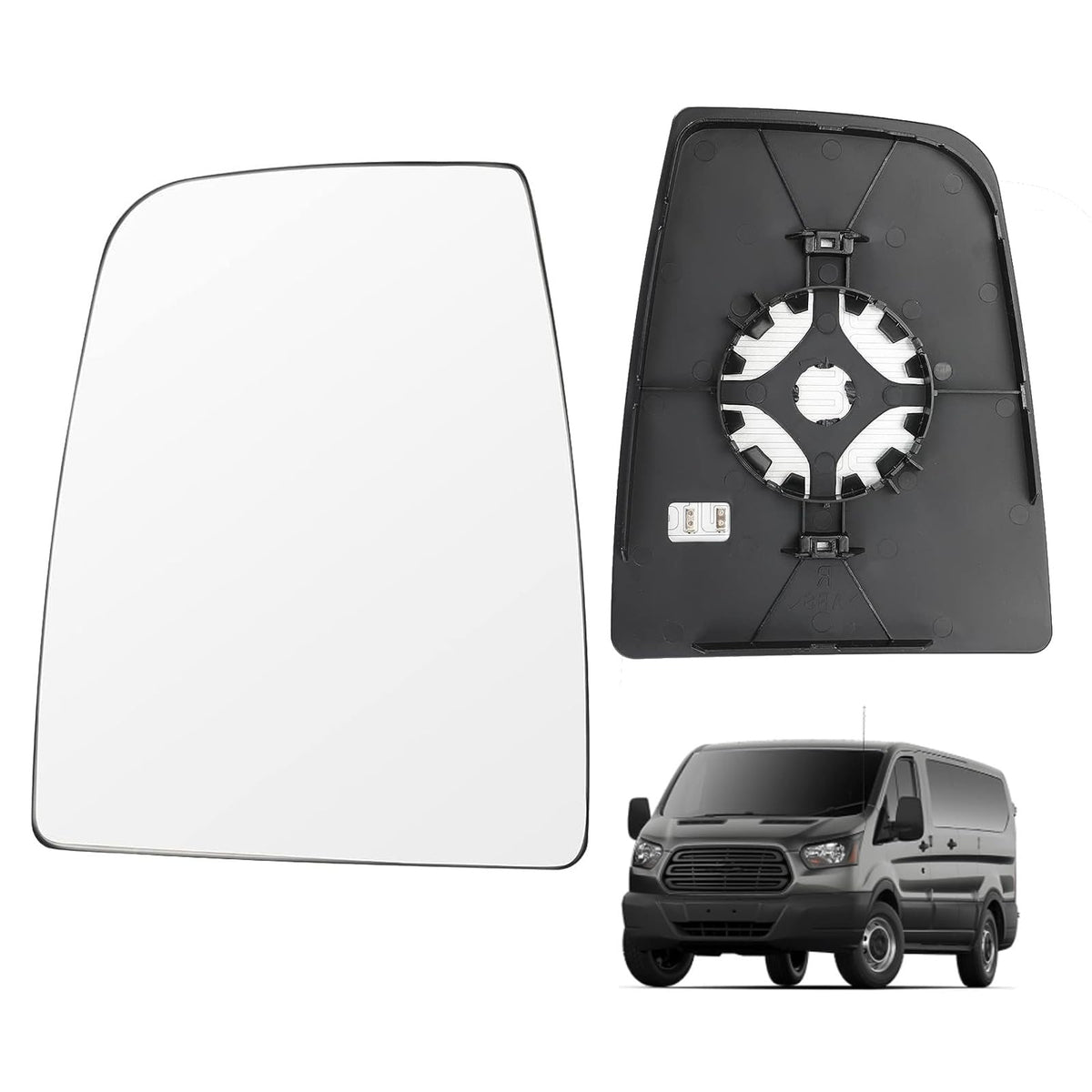 LHCDQSKCW Ford Transit driver-side upper glass with backing plate for improved visibility.