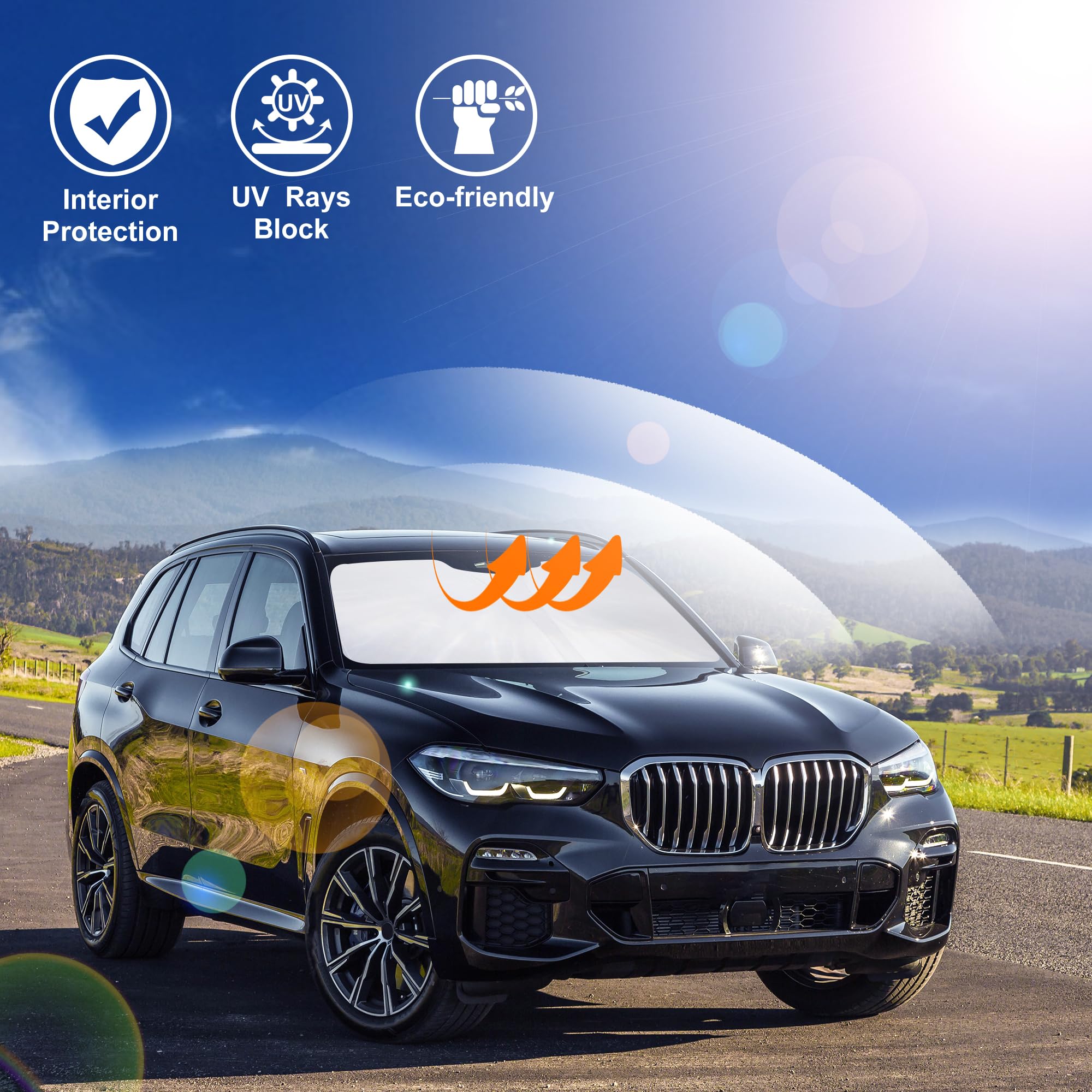 LHFLIVE custom-fit sunshade for BMW X5 front window, reduces glare and heat.