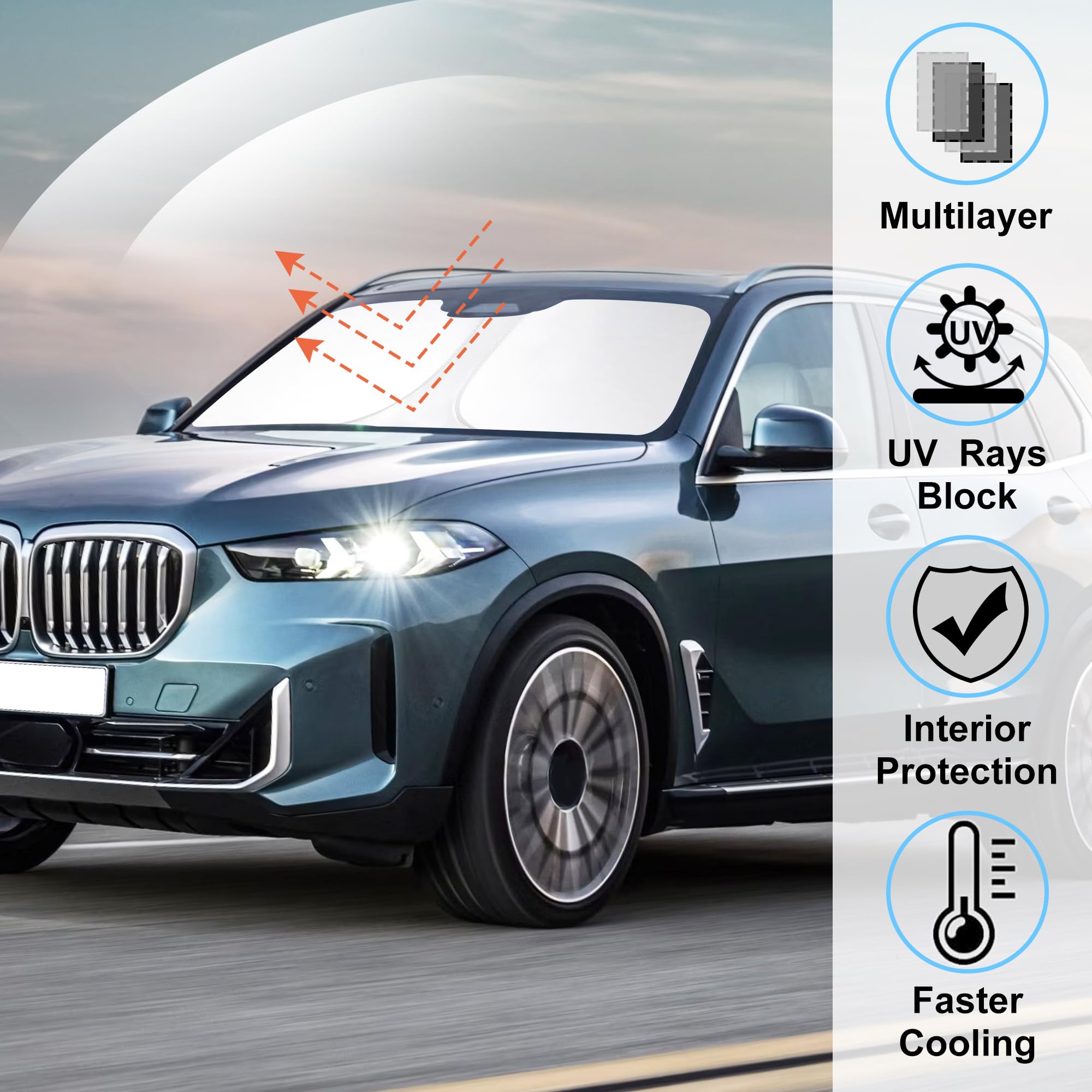 LHFLIVE sun shade for BMW X5 provides UV protection for interior surfaces.