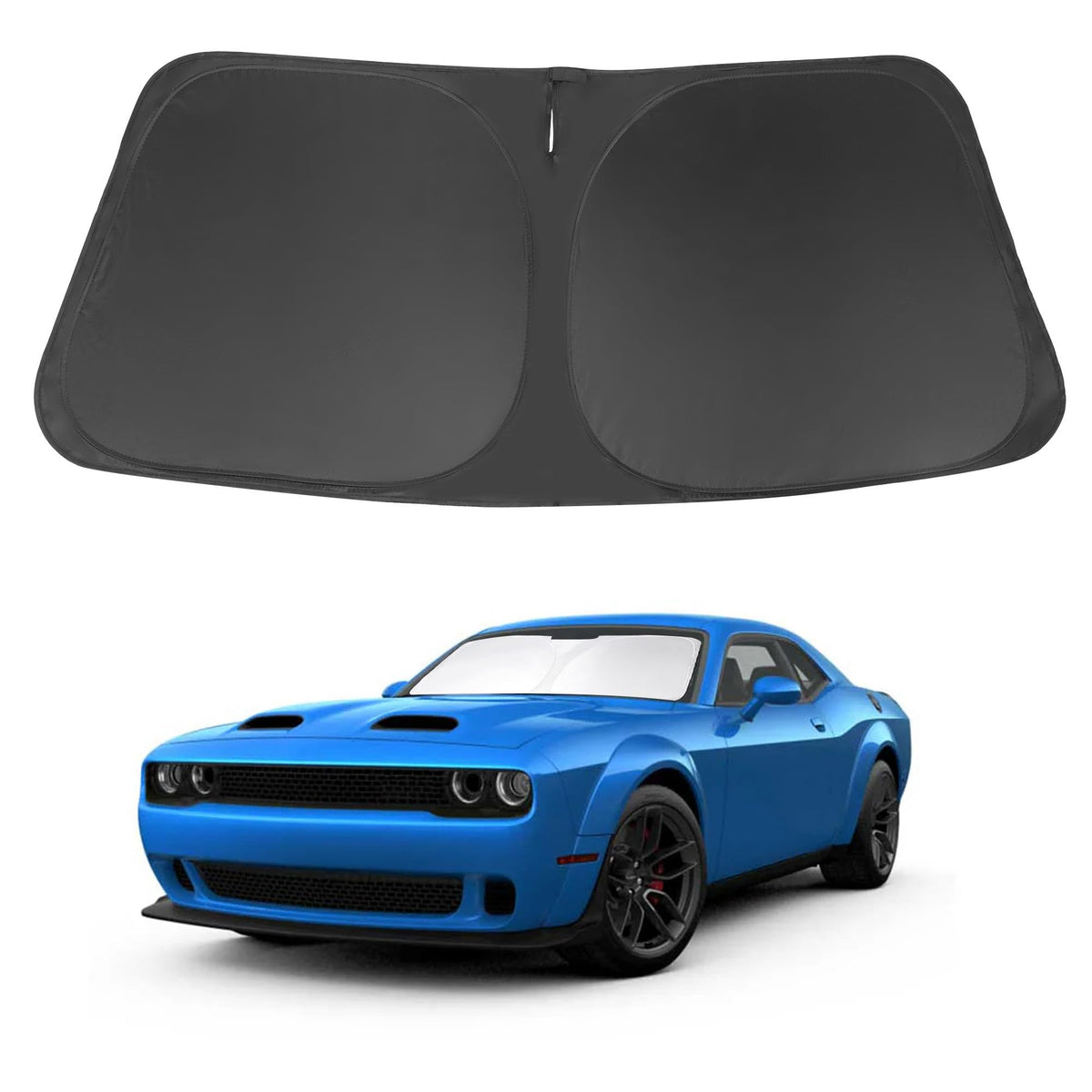 LHFLIVE windshield shade on Dodge Challenger front view protects dash from heat and UV