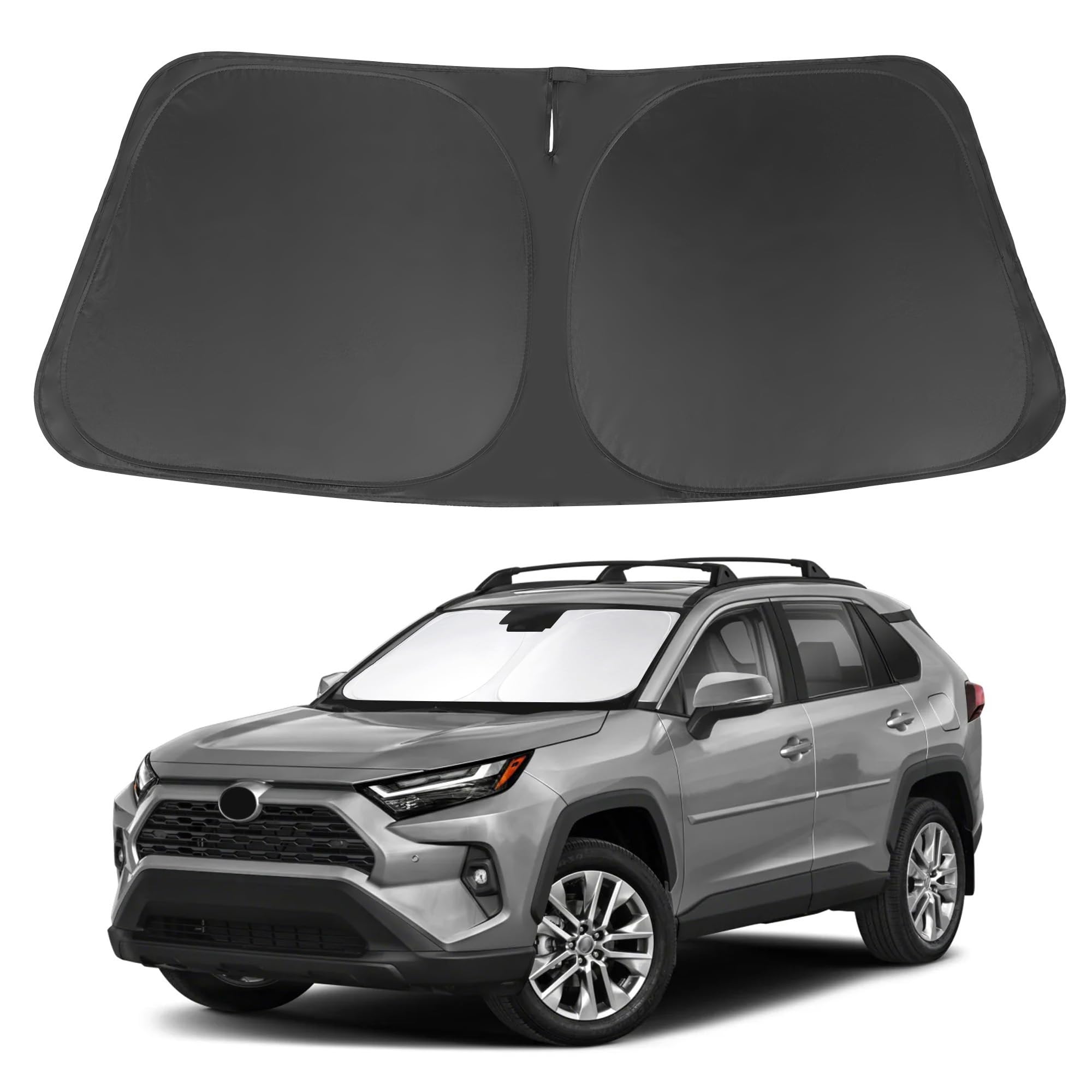LHFLIVE windshield sun shade installed on Toyota RAV4 front window providing heat protection.