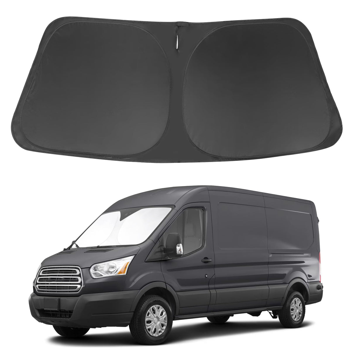 LHFLIVE windshield sun shade for Ford Transit front window showing heat reduction and UV protection