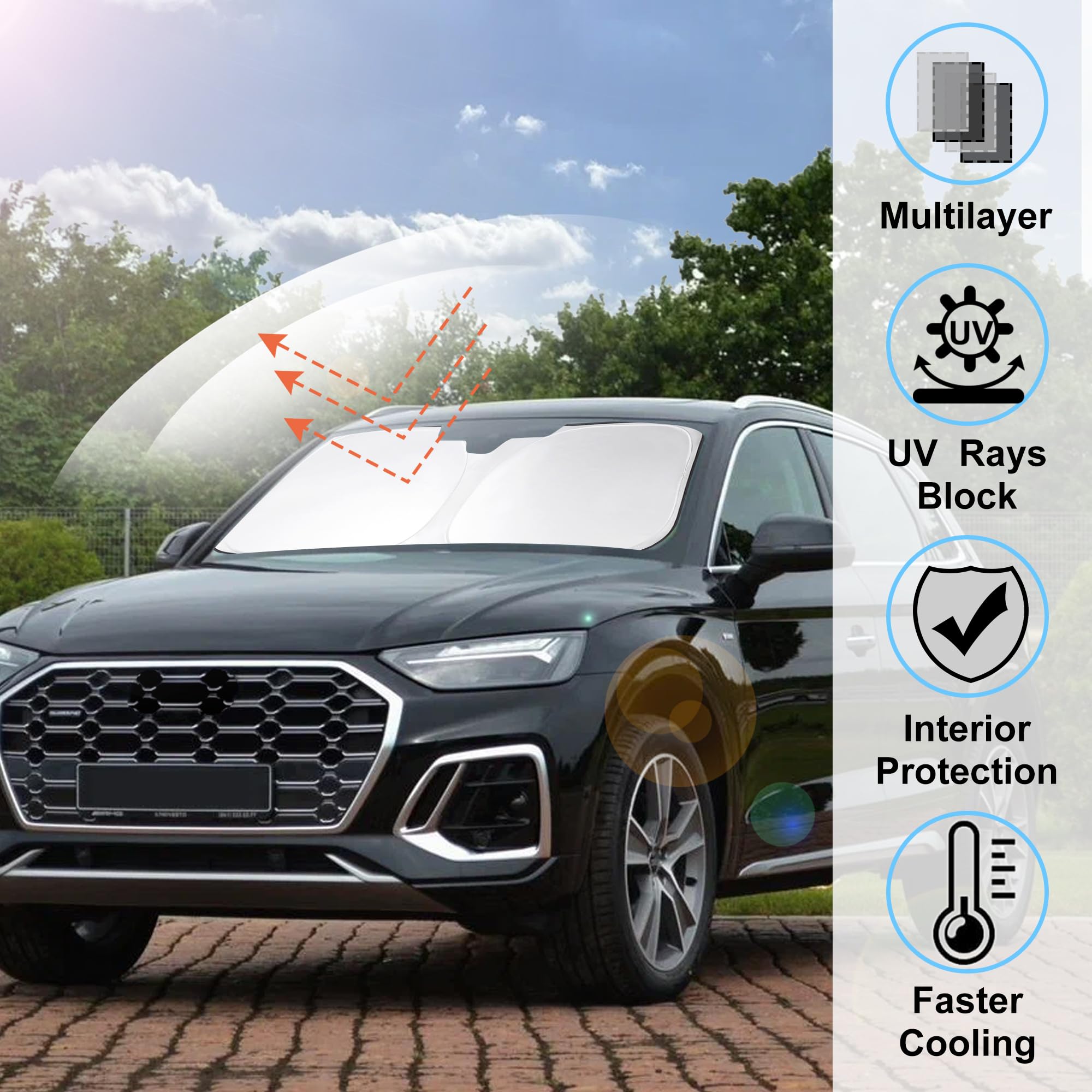 Windshield shade with two-layer insulation reduces interior heat buildup.
