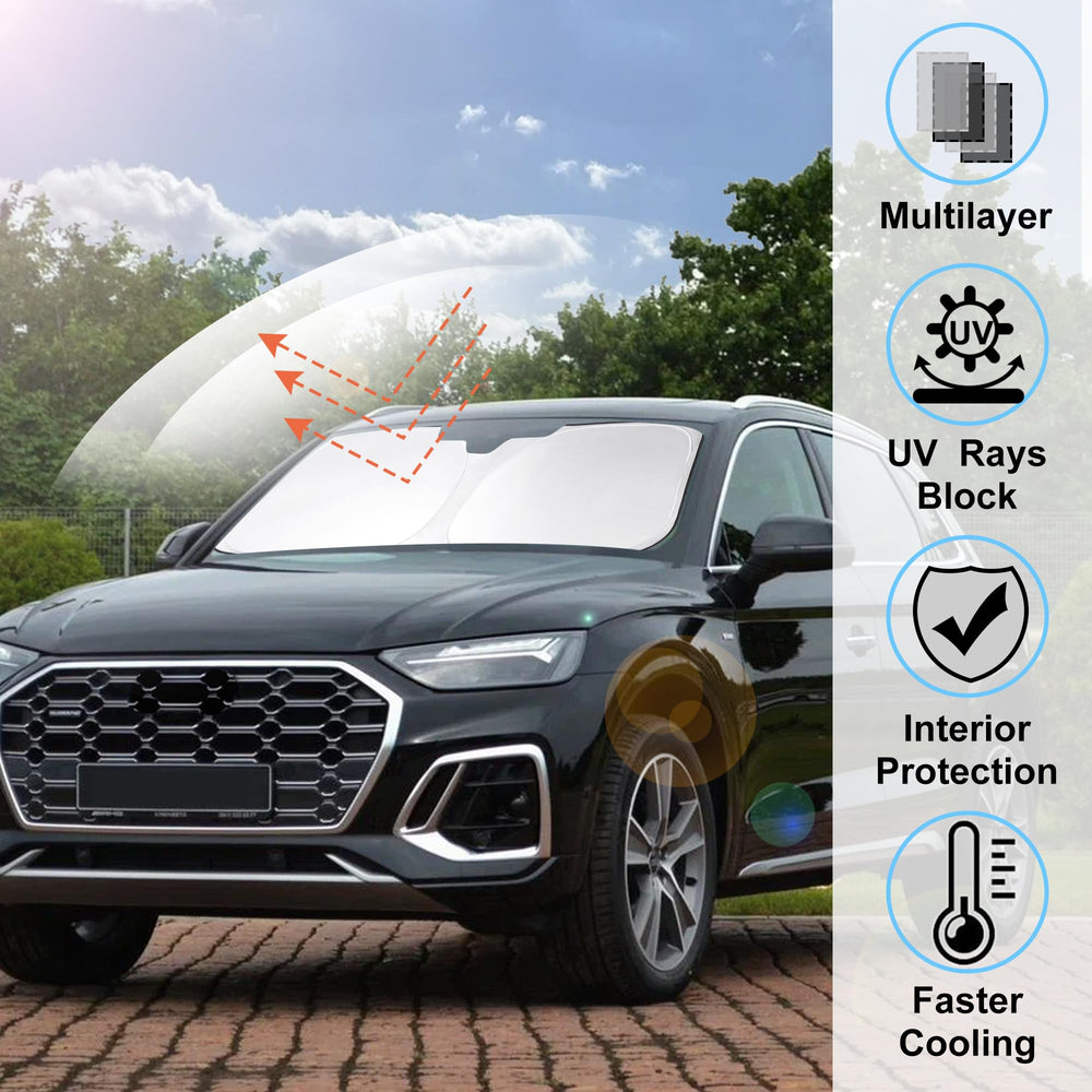 Windshield shade with two-layer insulation reduces interior heat buildup.