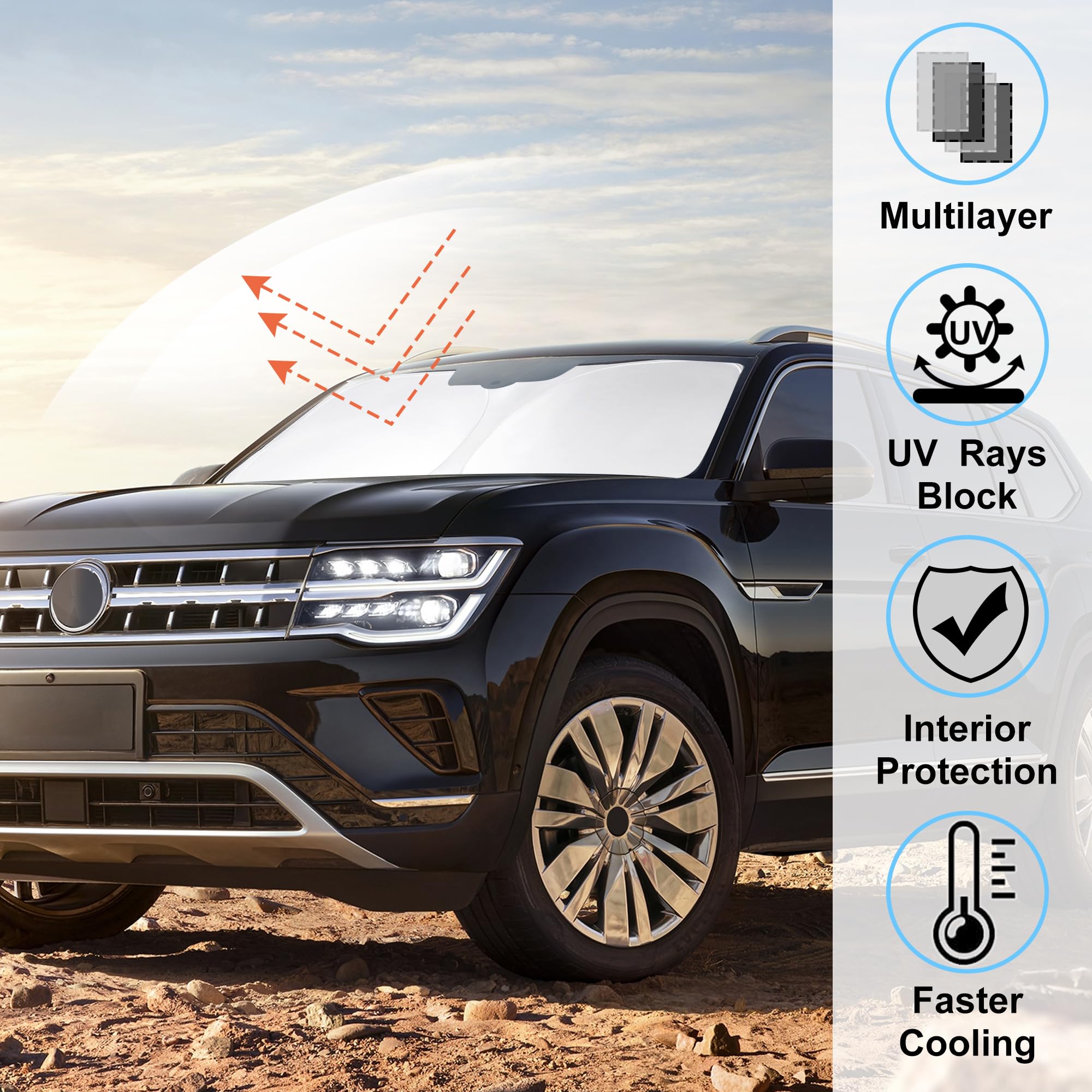 LHFLIVE windshield shade for VW Atlas easy-install cover for quick sun protection.