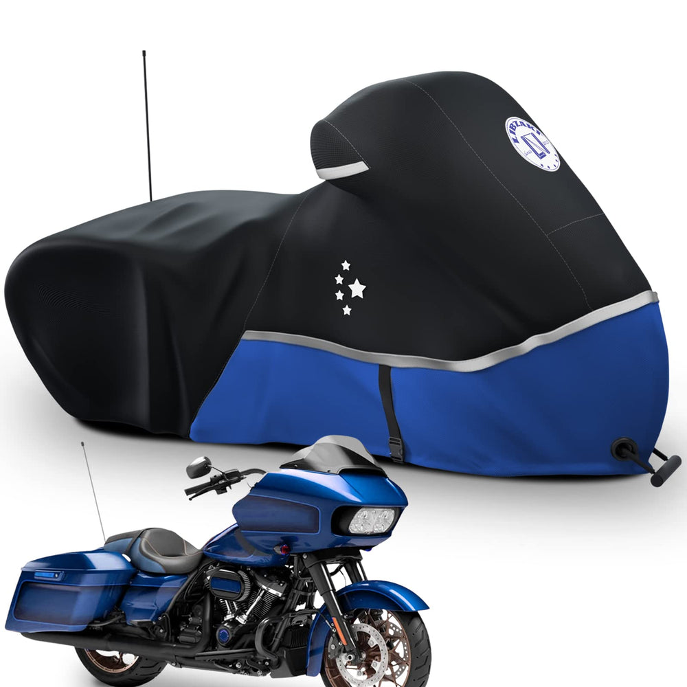 LI LIBZAKI motorcycle cover front view blue protects touring bikes from rain and sun