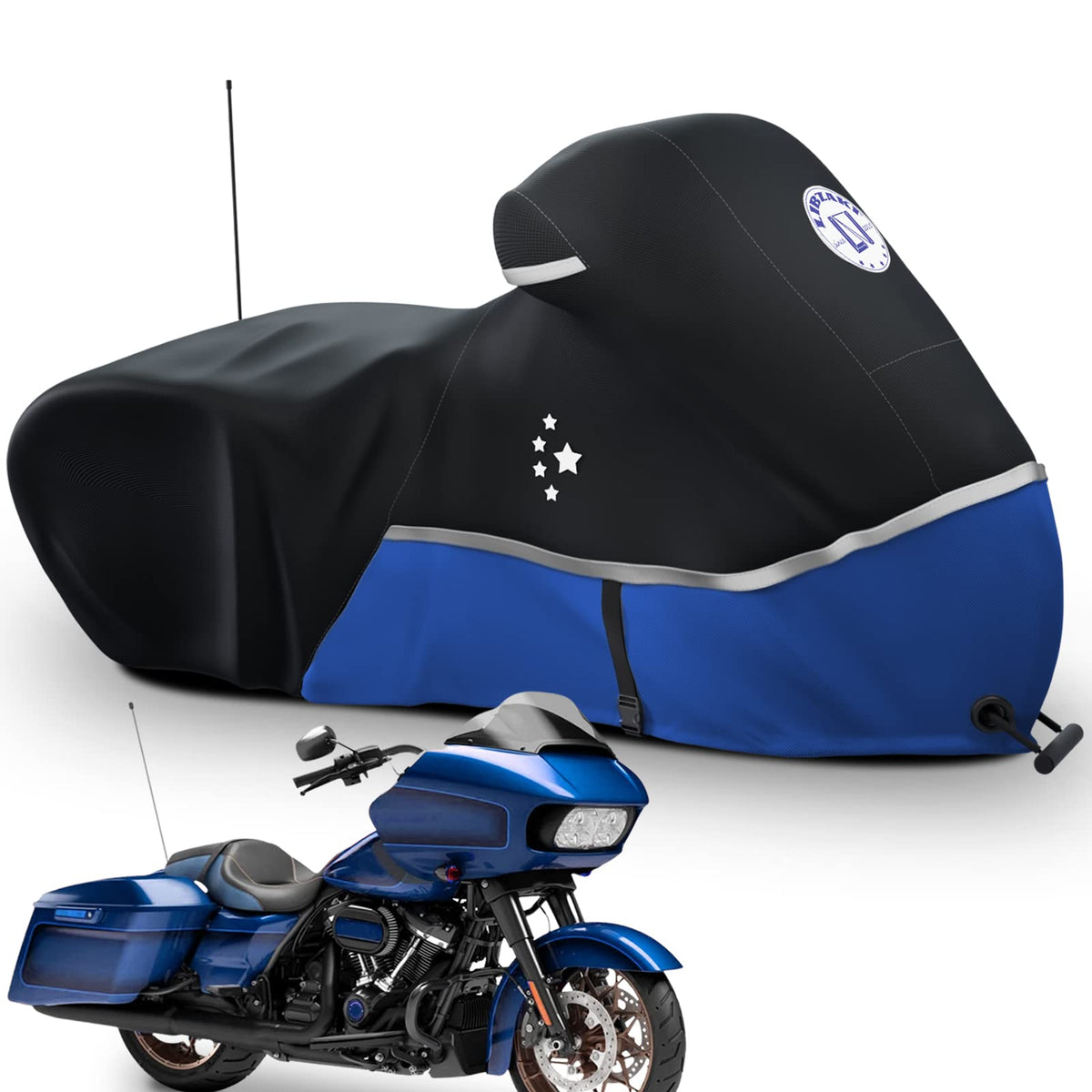 LI LIBZAKI motorcycle cover front view blue protects touring bikes from rain and sun