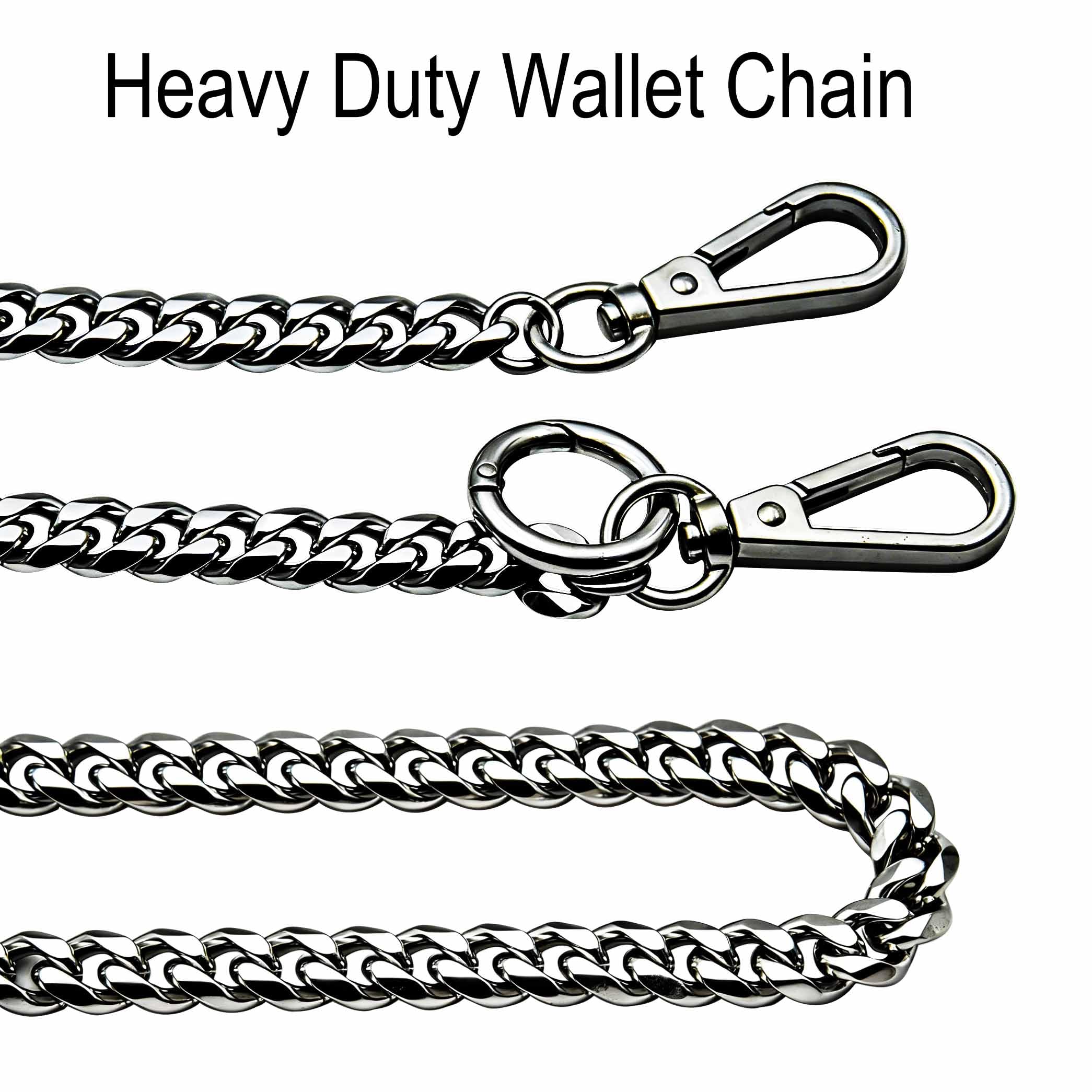 Liangery biker-inspired wallet chain on denim highlighting rugged sophistication.