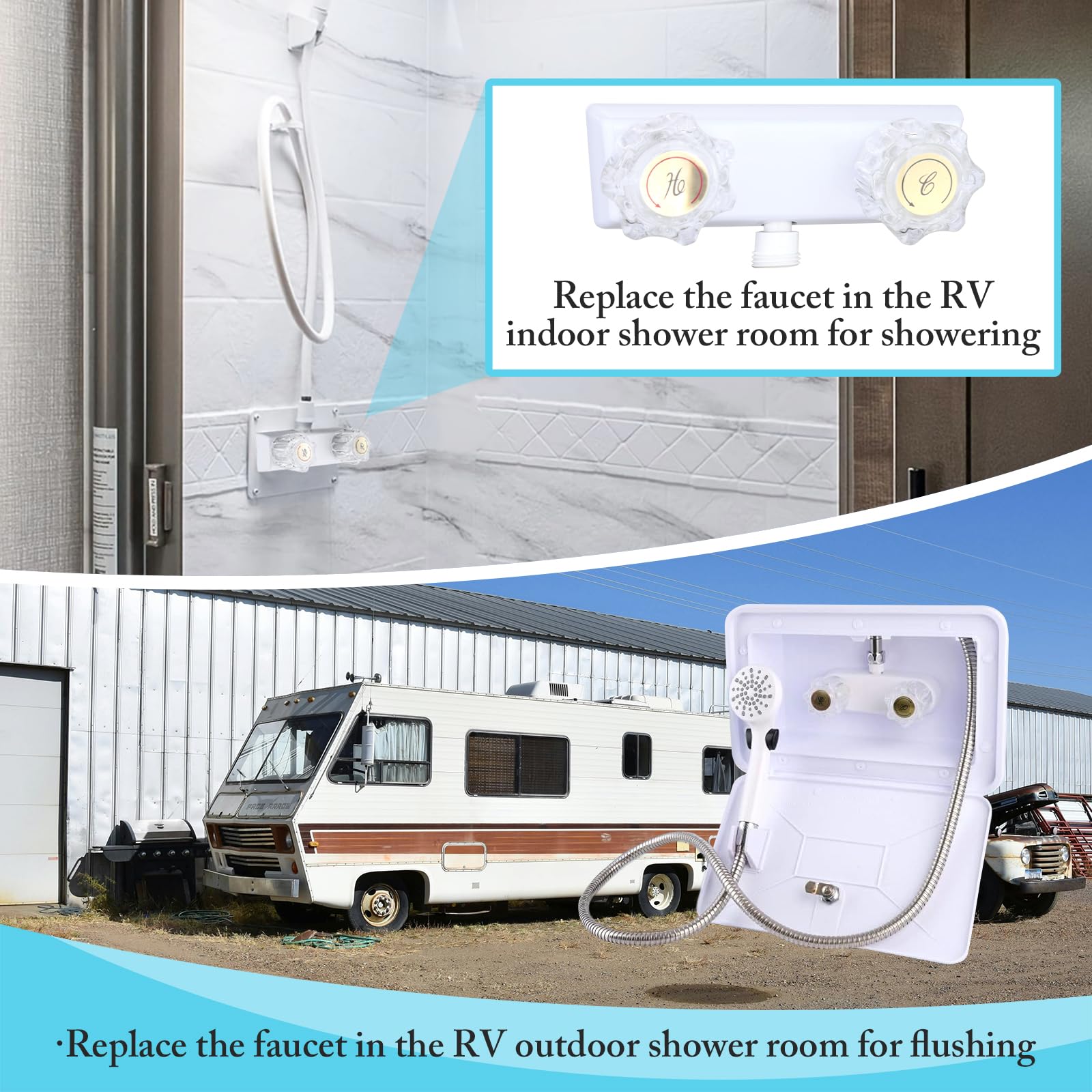 Liberflow diverter with standard hoses demonstration for versatile RV showers.