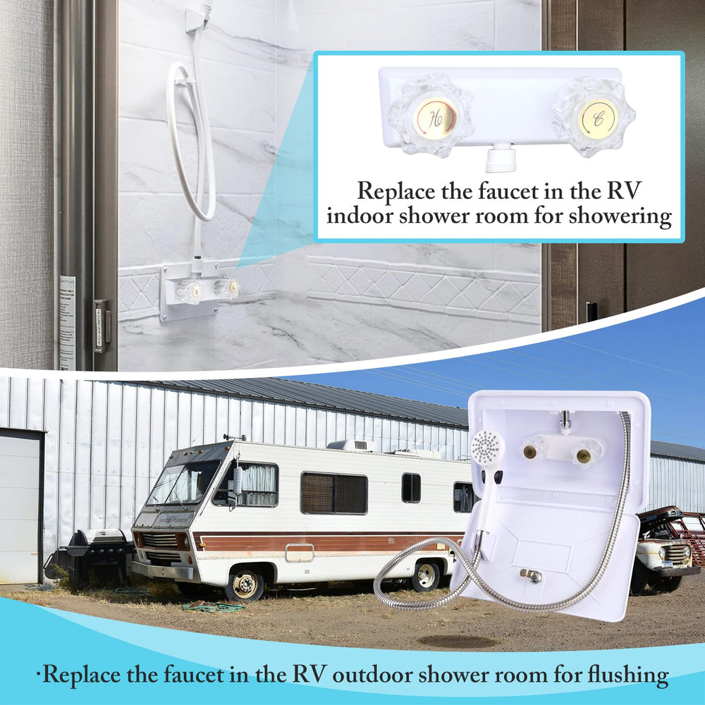 Liberflow diverter with standard hoses demonstration for versatile RV showers.