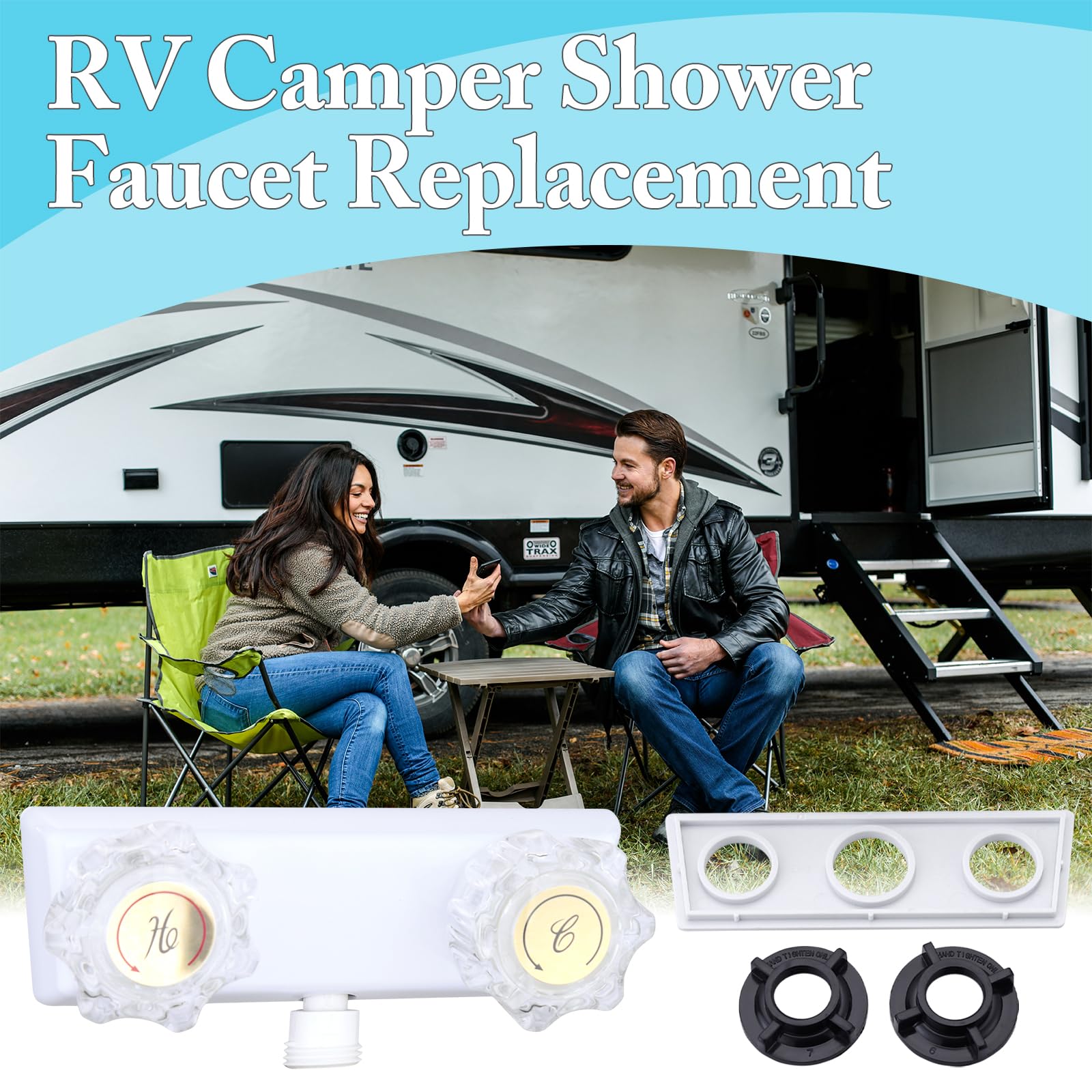 Liberflow indoor and outdoor ready shower faucet in RV interior.