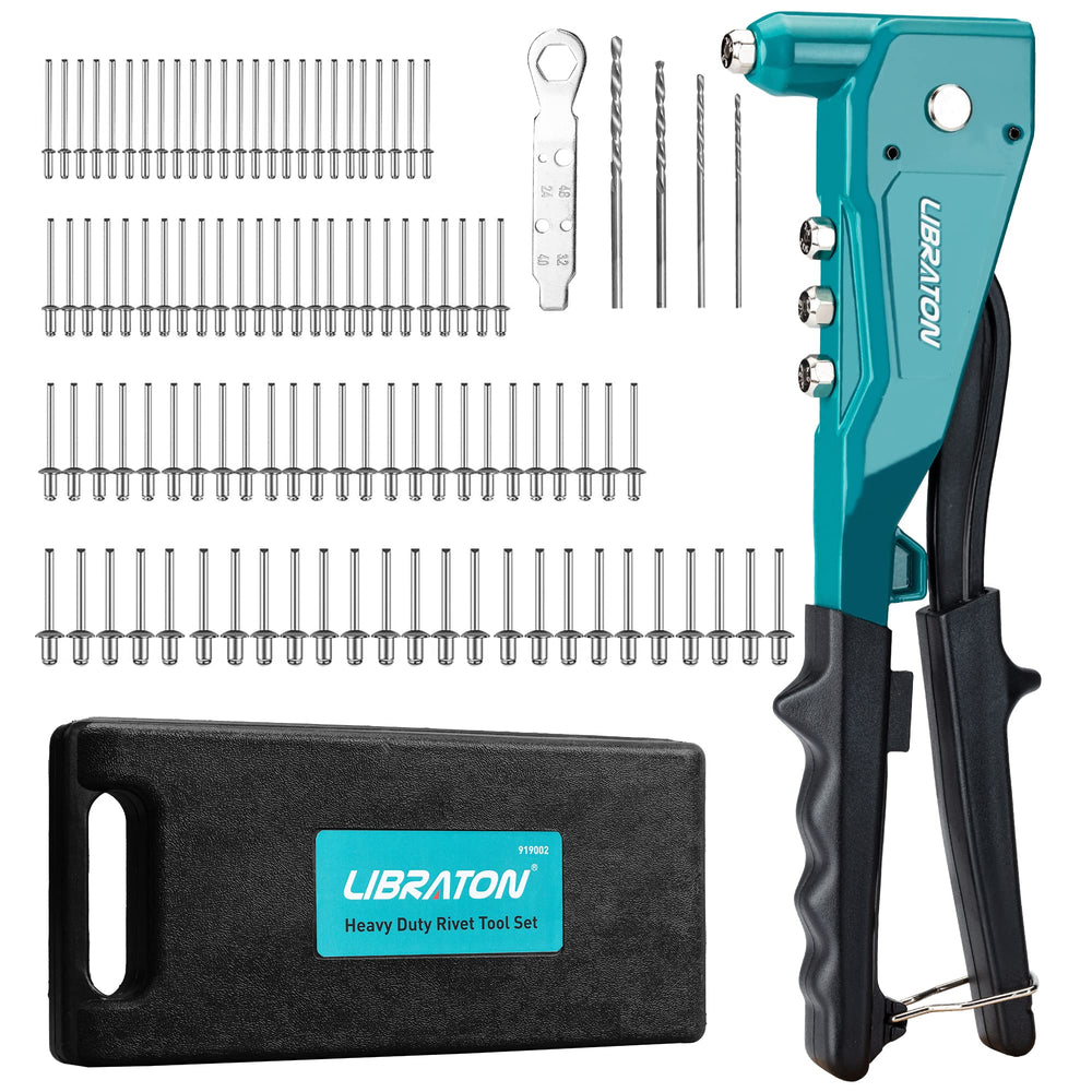 LIBRATON heavy-duty rivet gun angled view shows rugged metal build for durability.