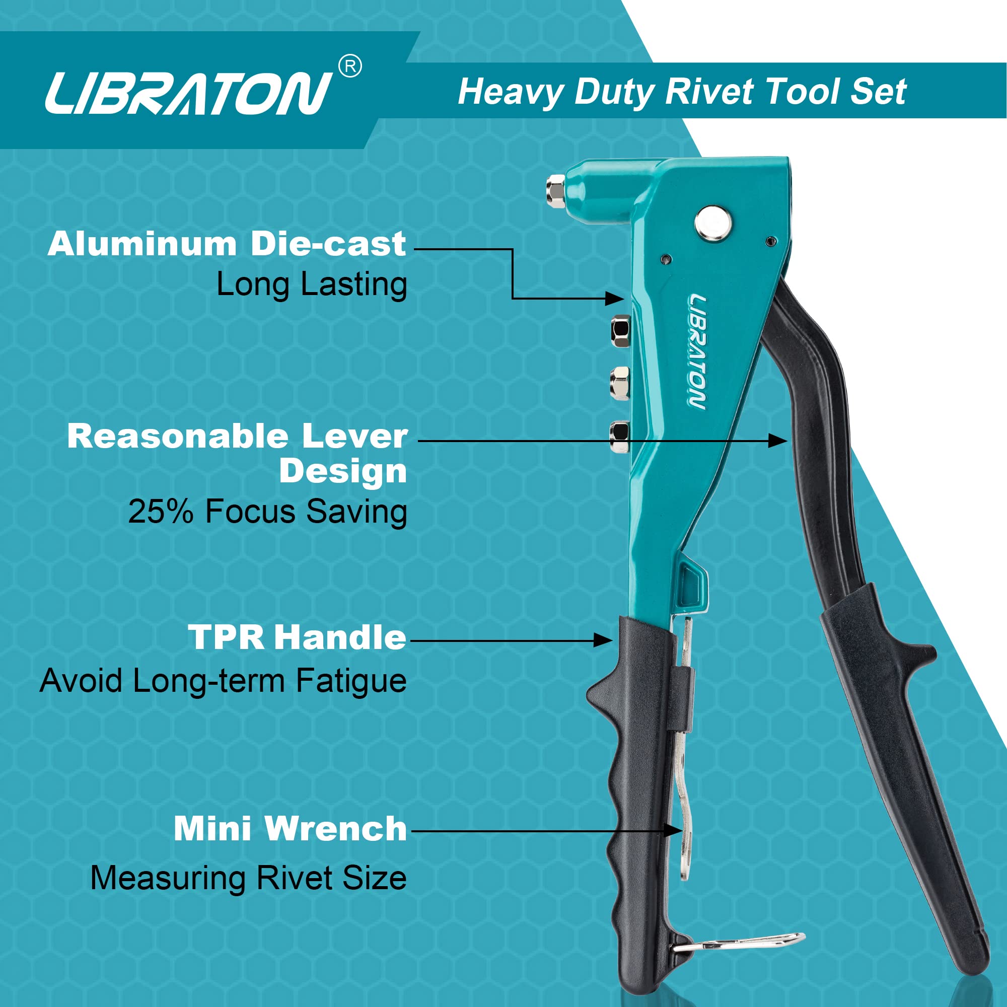 LIBRATON heavy-duty gun with four heads demonstrates versatile rivet options.