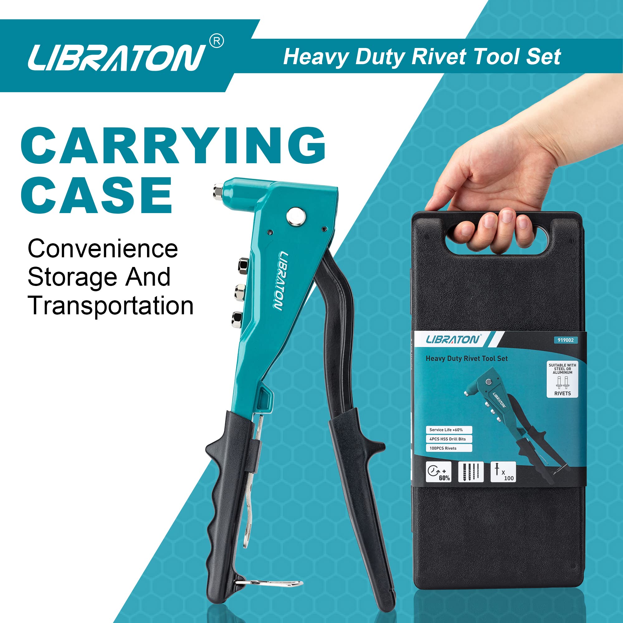 LIBRATON rivet gun in use on metal shows clean, secure rivets.