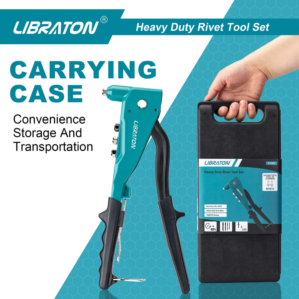 LIBRATON rivet gun in use on metal shows clean, secure rivets.